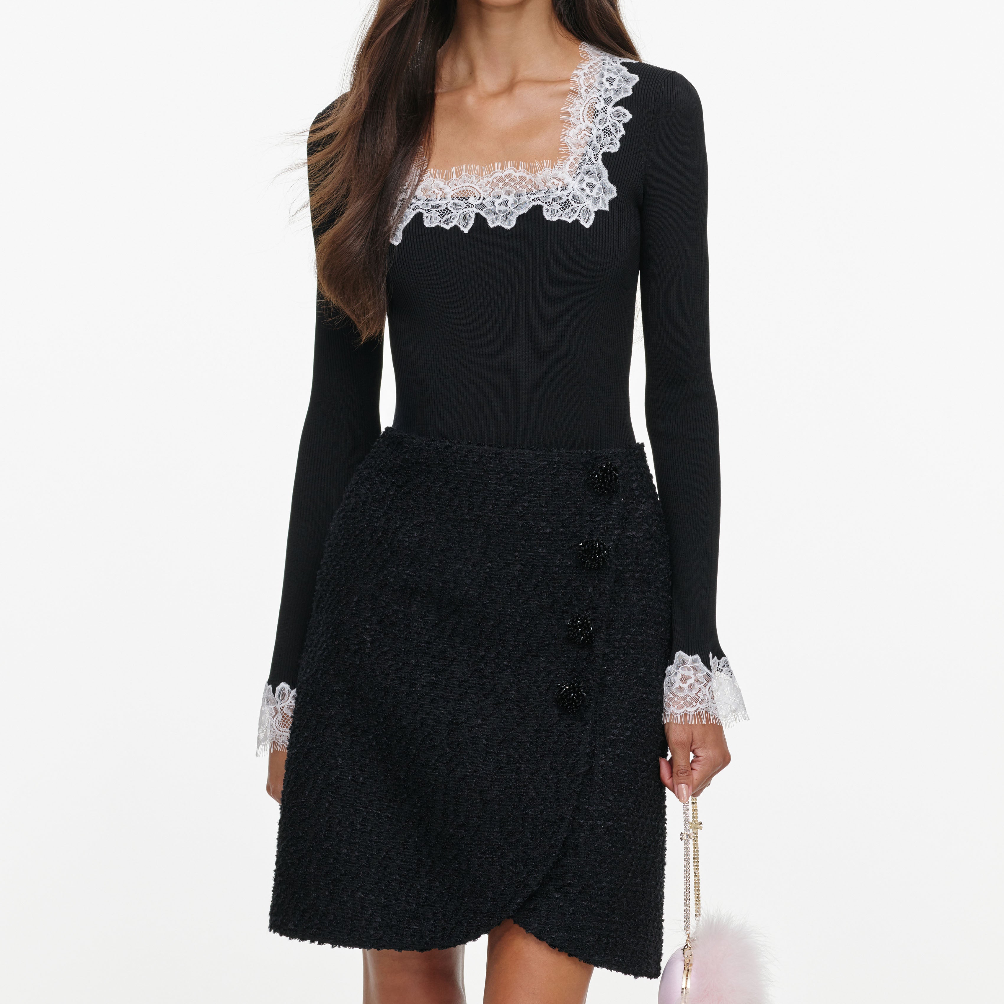 Self Portrait Black Lace Trim Rib Knit Bodysuit Body Schwarz
