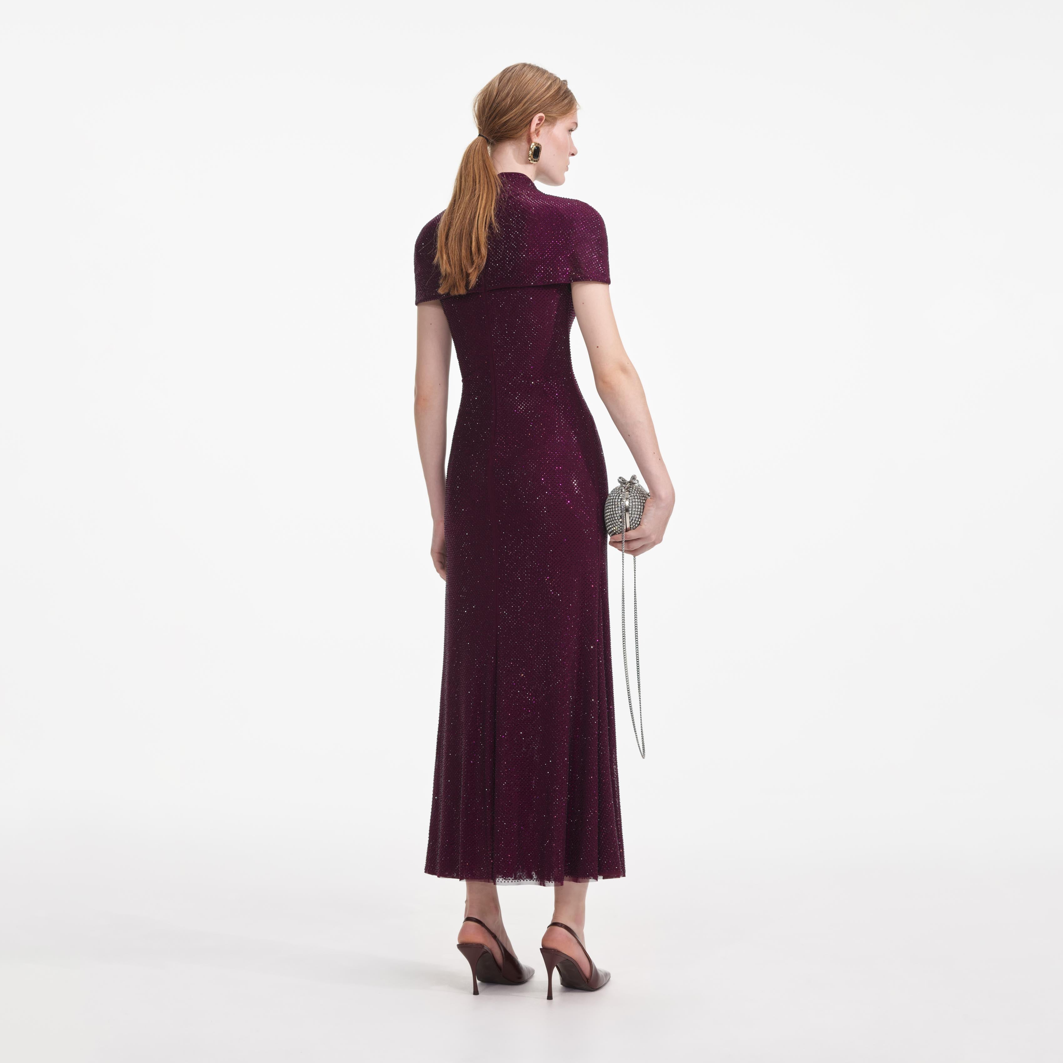 Self Portrait Burgundy Rhinestone Mesh Cut Out Midi Kleid UK 8