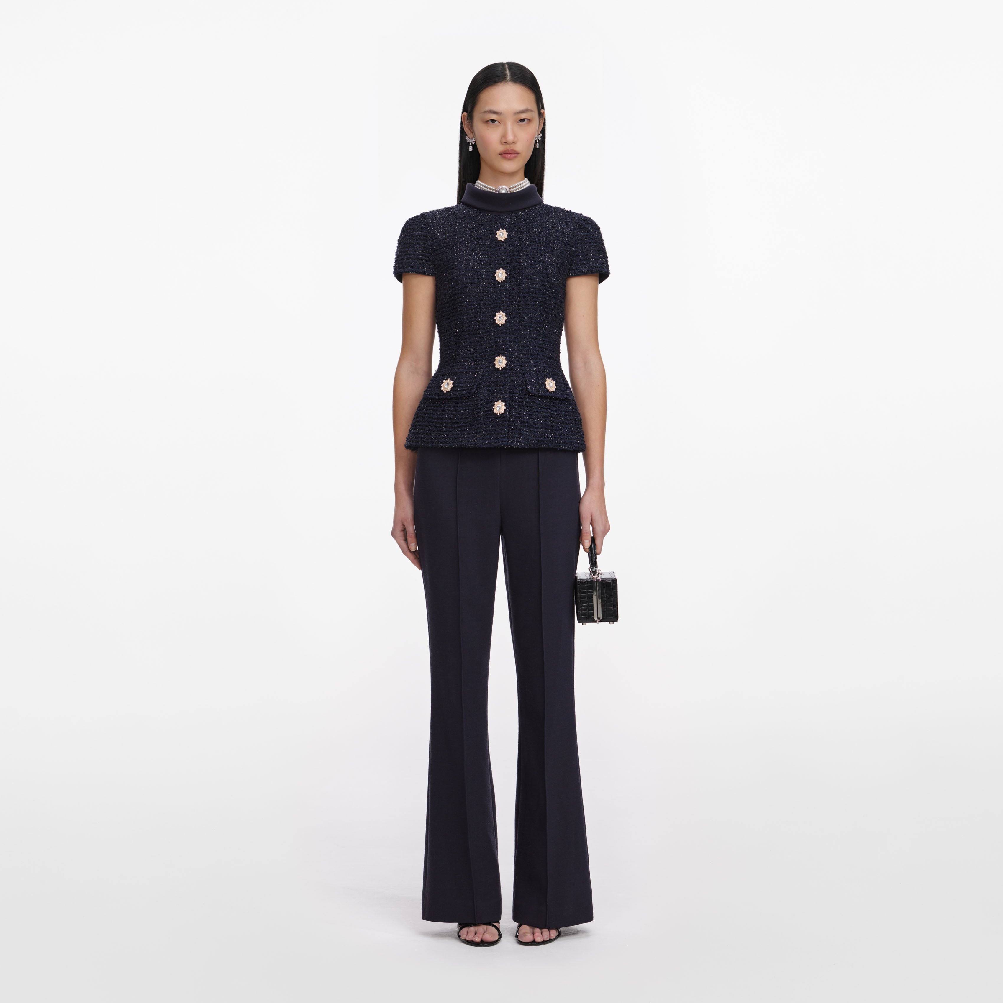 Self Portrait Navy Metallic Boucle Jumpsuit Overall Blau