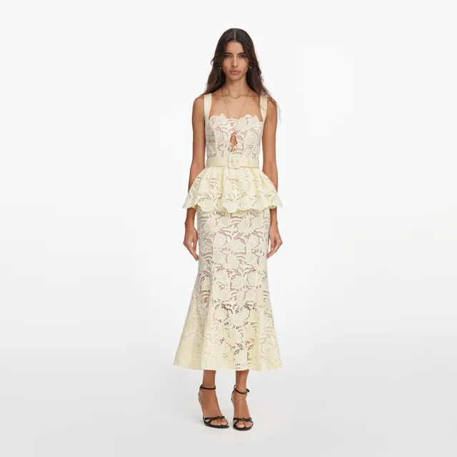Self Portrait Yellow Lace Peplum Midikleid Gelb UK 8 Spitze