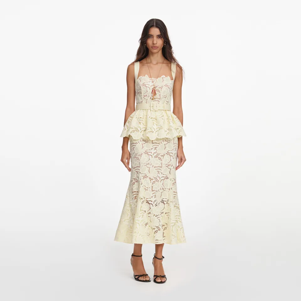 Self Portrait Yellow Lace Peplum Midikleid Gelb UK 8 Spitze