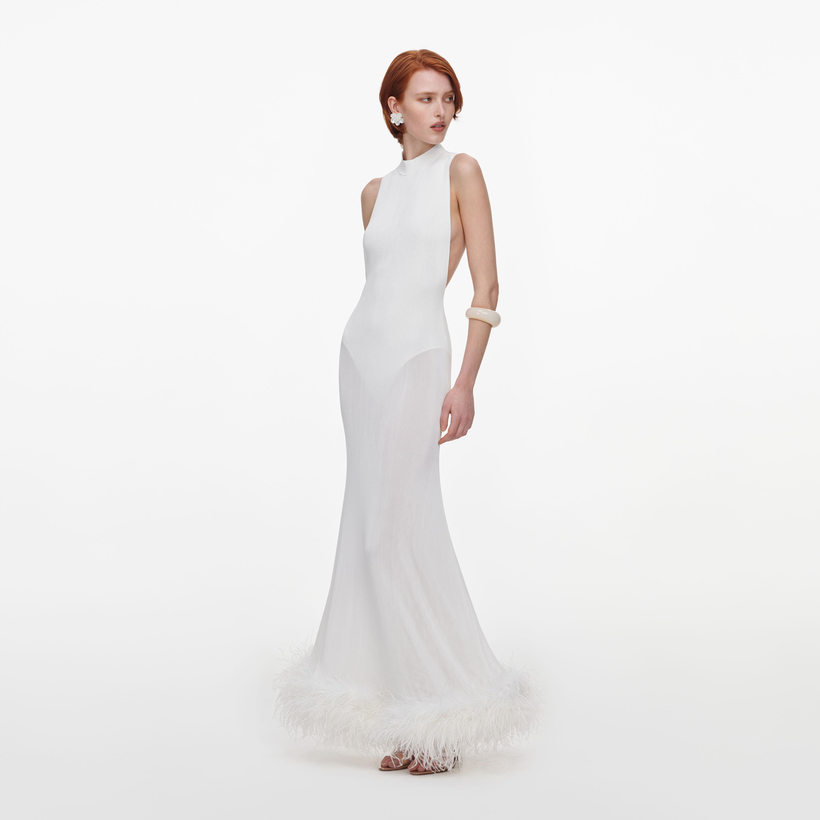 Self Portrait White Racer Feather Knit Midi Kleid Weiß