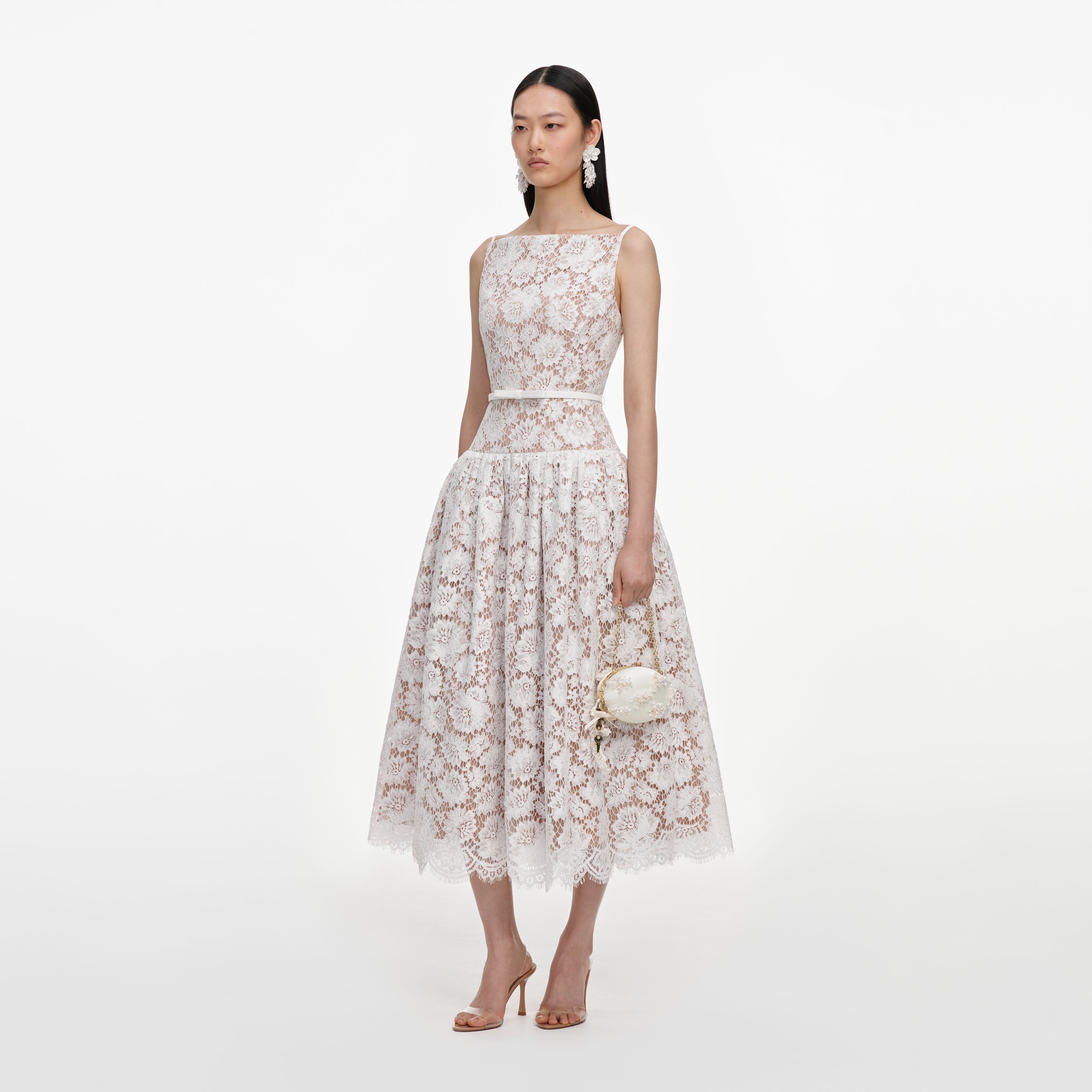 Self Portrait White Lace Flared Midi Kleid Weiß Spitze