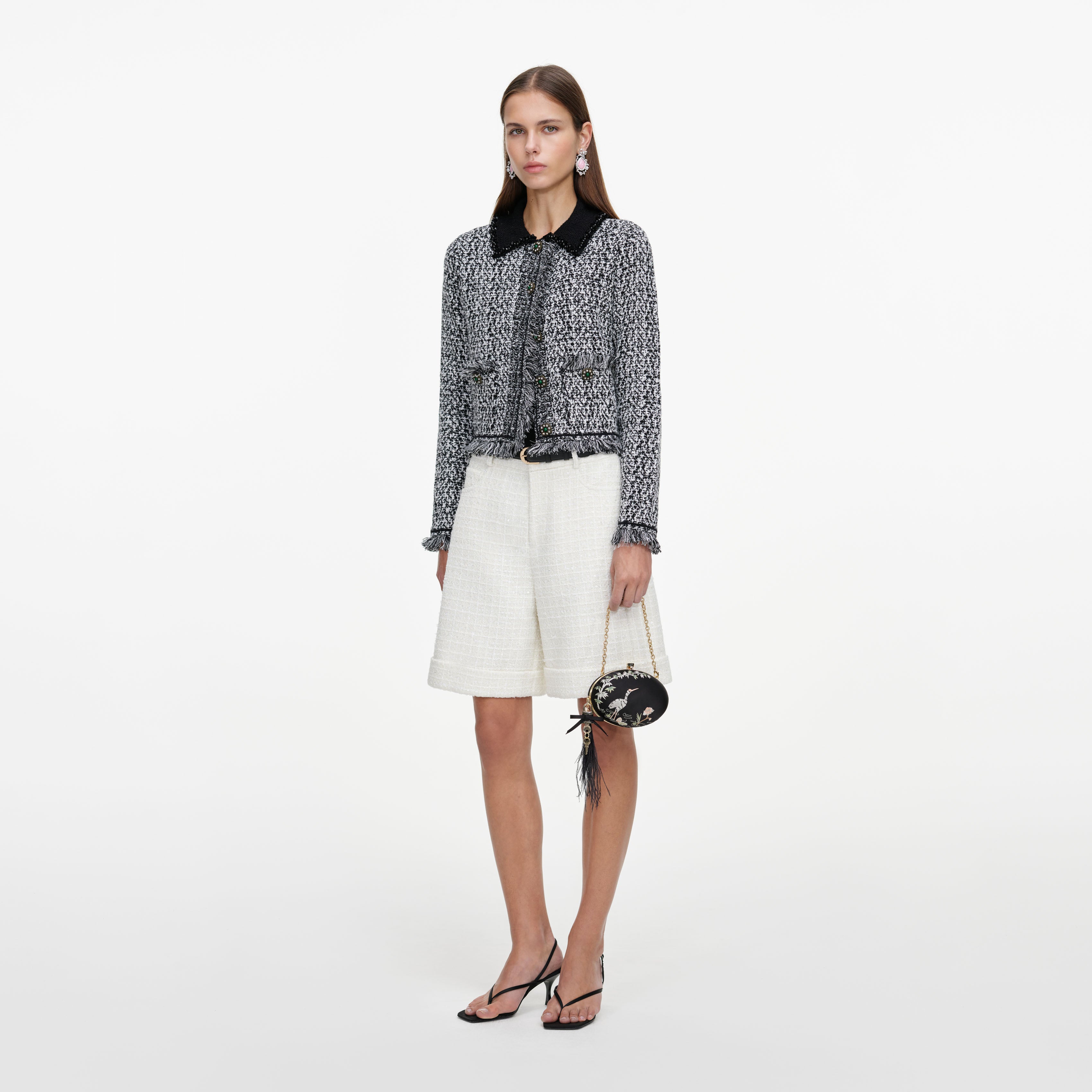 Self Portrait Cream Sequin Boucle Shorts Creme UK 6