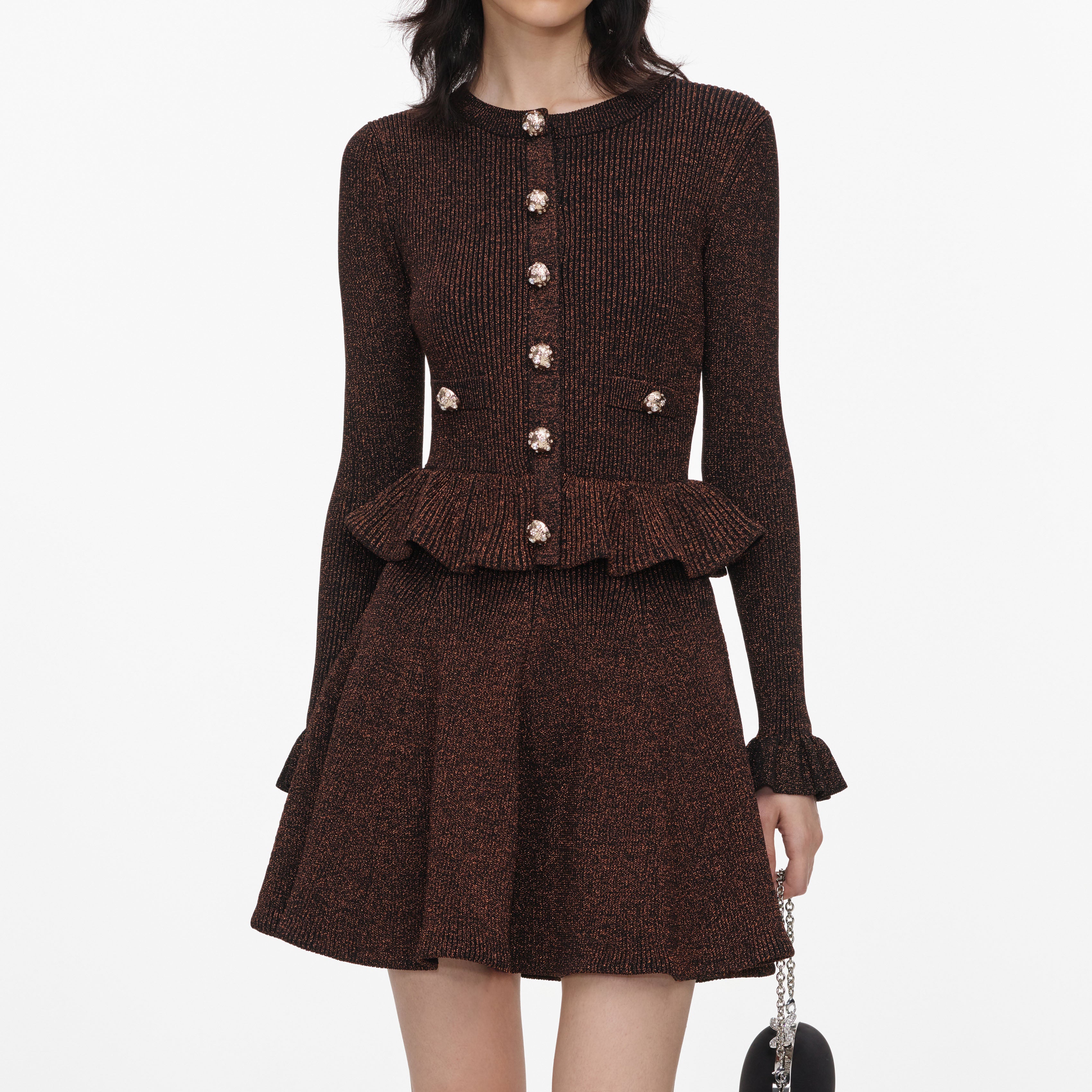 Self Portrait Dresses Brown Lurex Peplum Strick-Minikleid Braun S