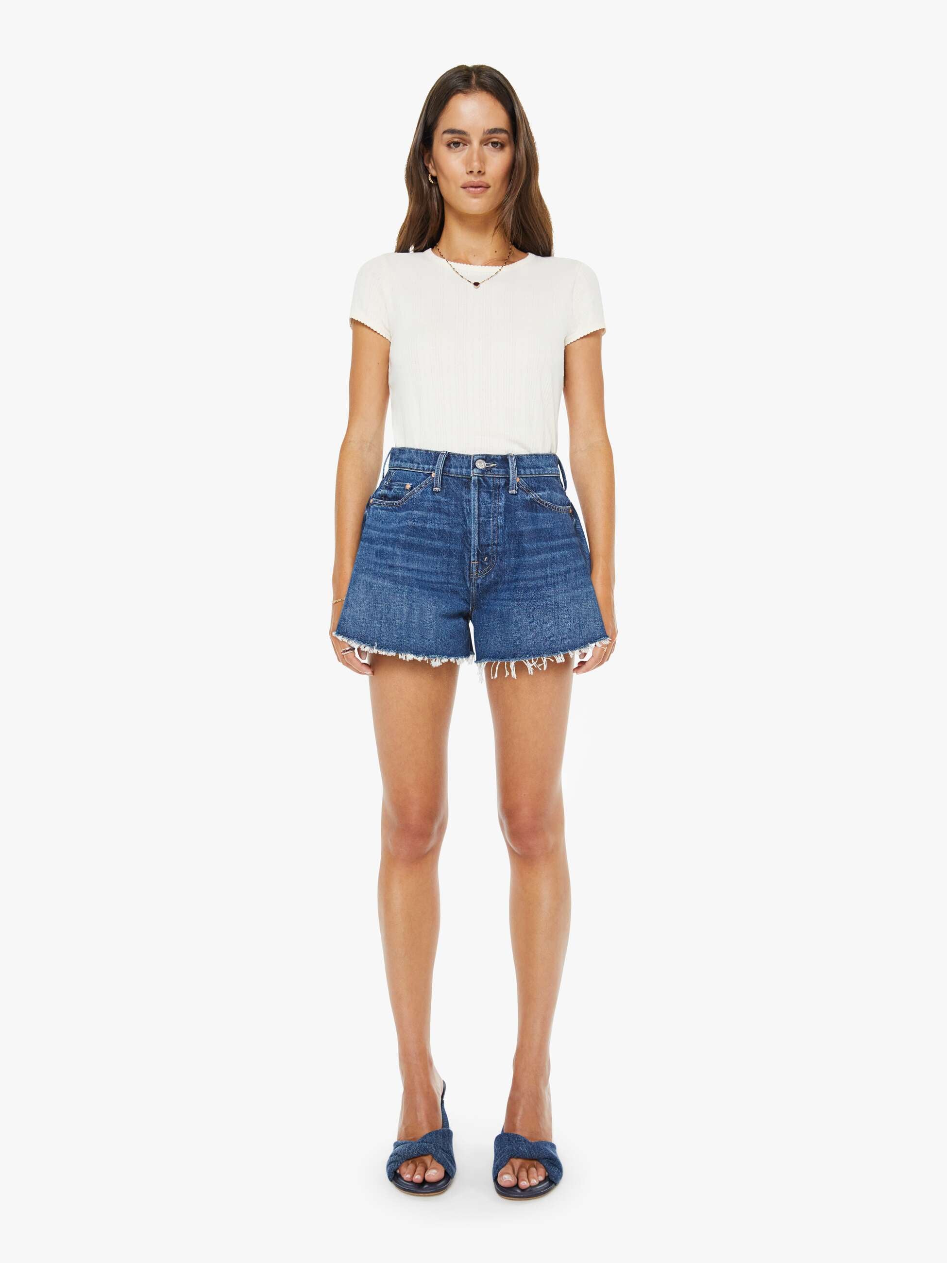 Mother Flutter Short Fray Shorts Dunkelblau High Waist