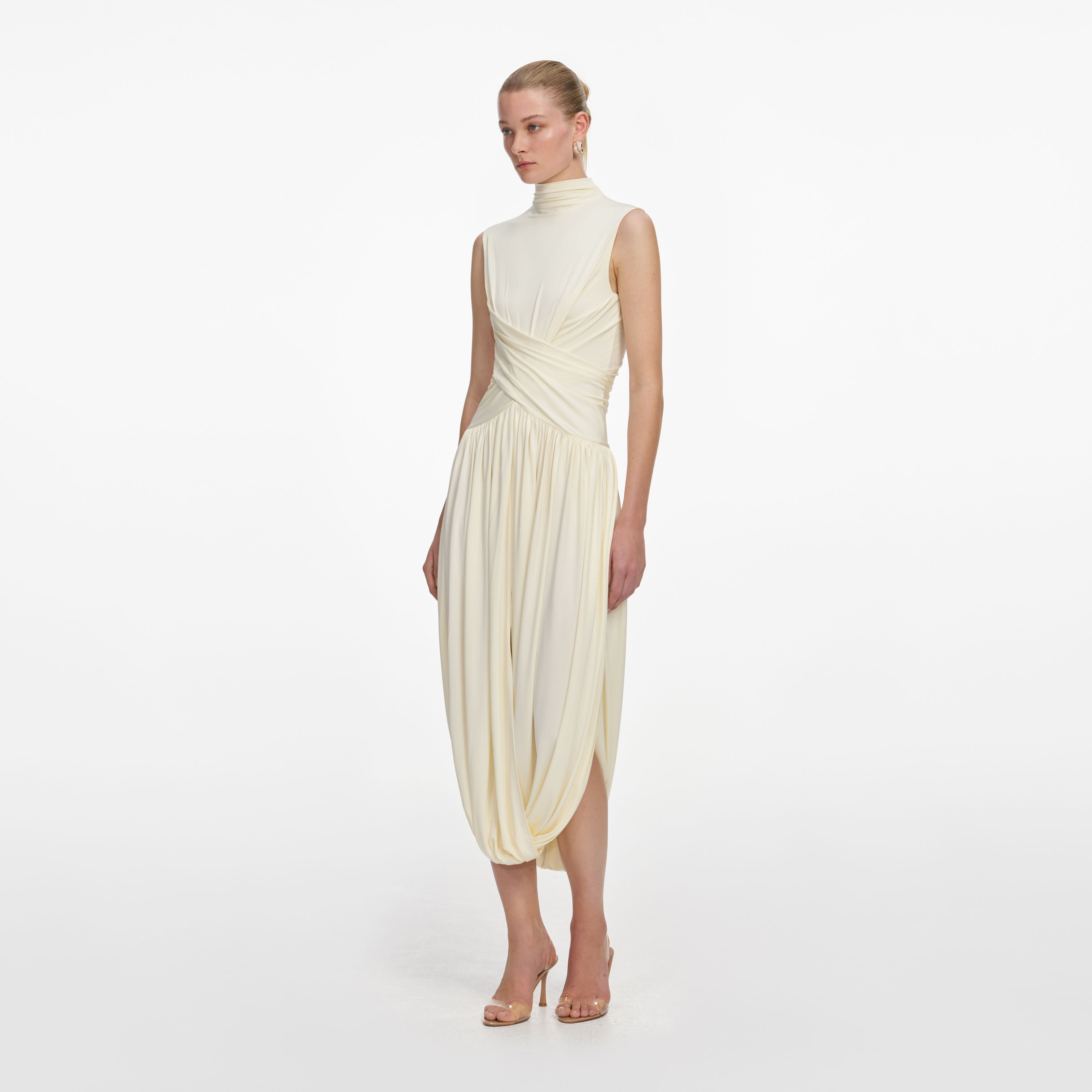 Self Portrait Jersey Midikleid Gelb Wickel Asymmetrisch