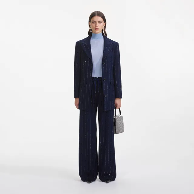 Self Portrait Pinstripe Hose Navy Strass UK 8 Crepe