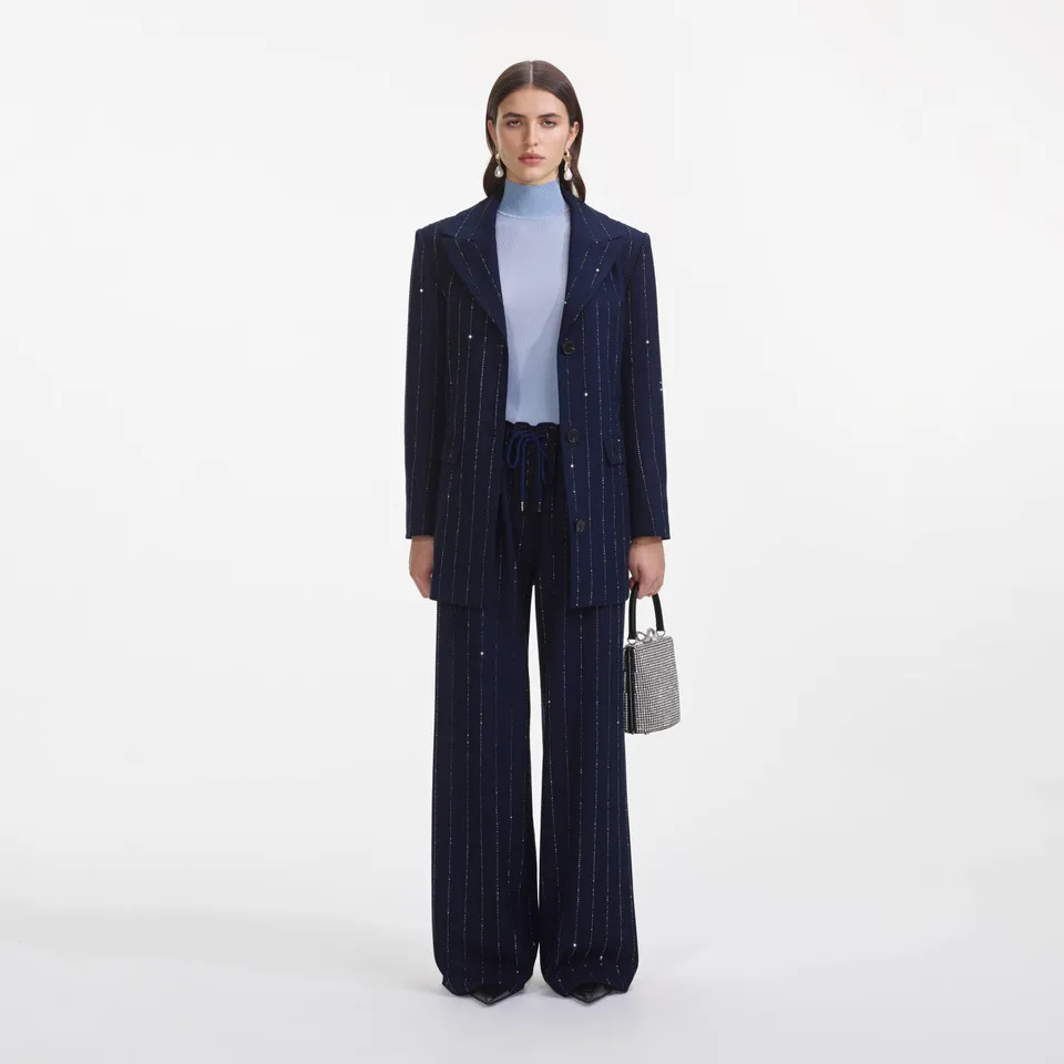 Self Portrait Pinstripe Hose Navy Strass UK 8 Crepe