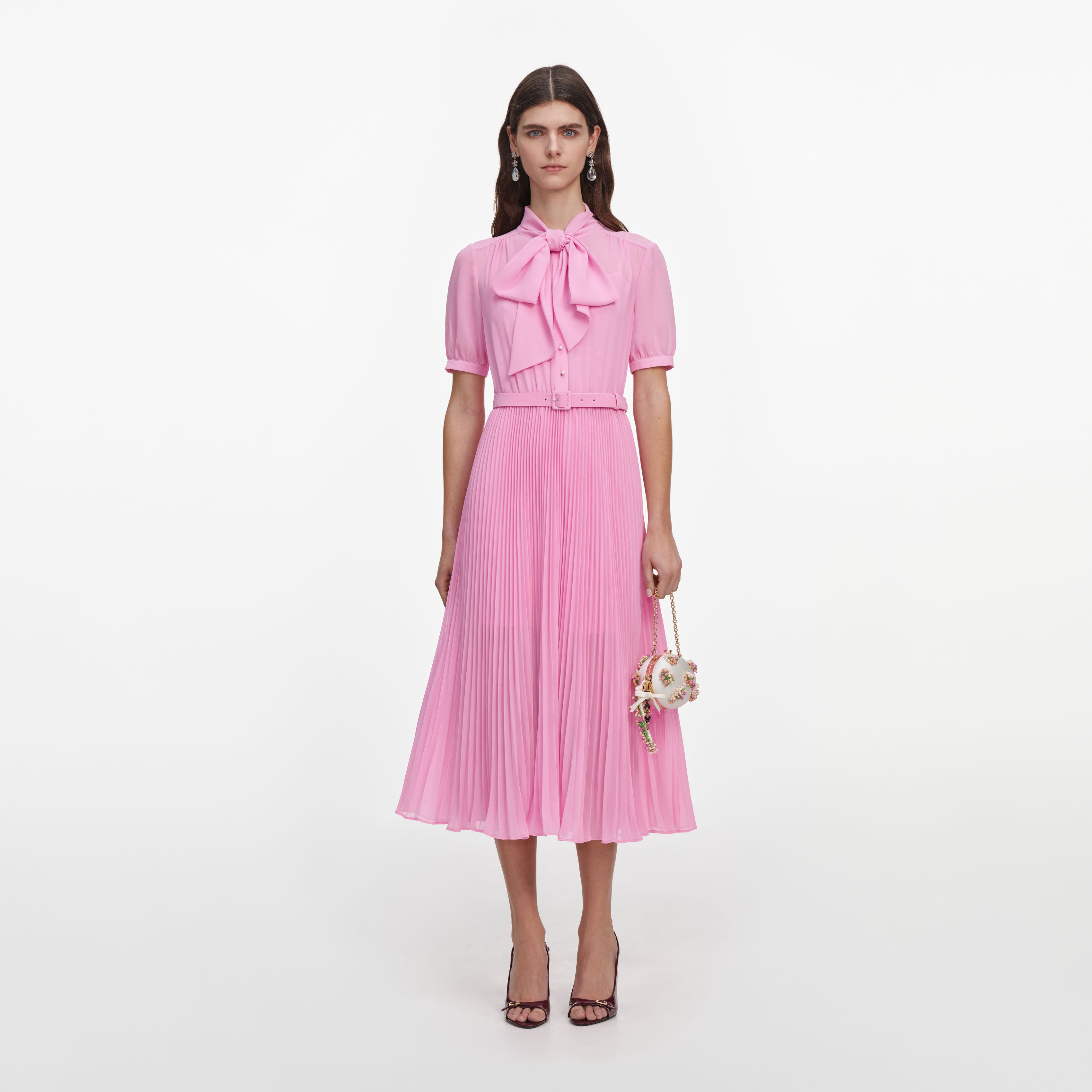 Self Portrait Pink Georgette Tie Neck Midi Kleid Rosa UK 6