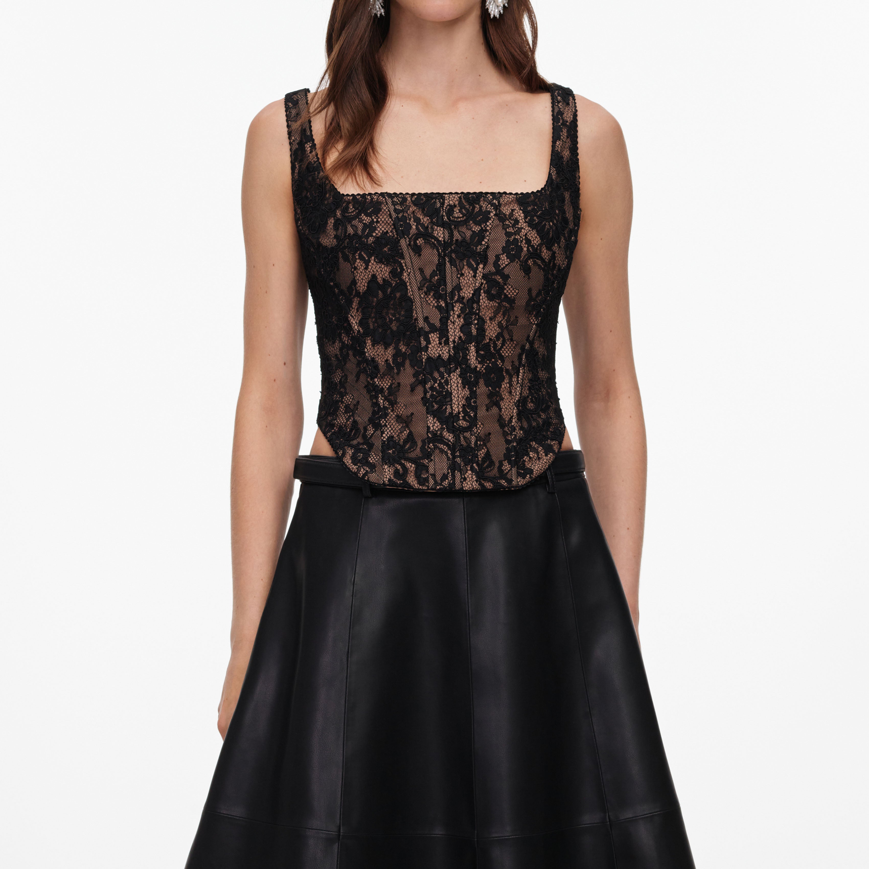 Self Portrait Black Faux Leather Midi Rock Schwarz