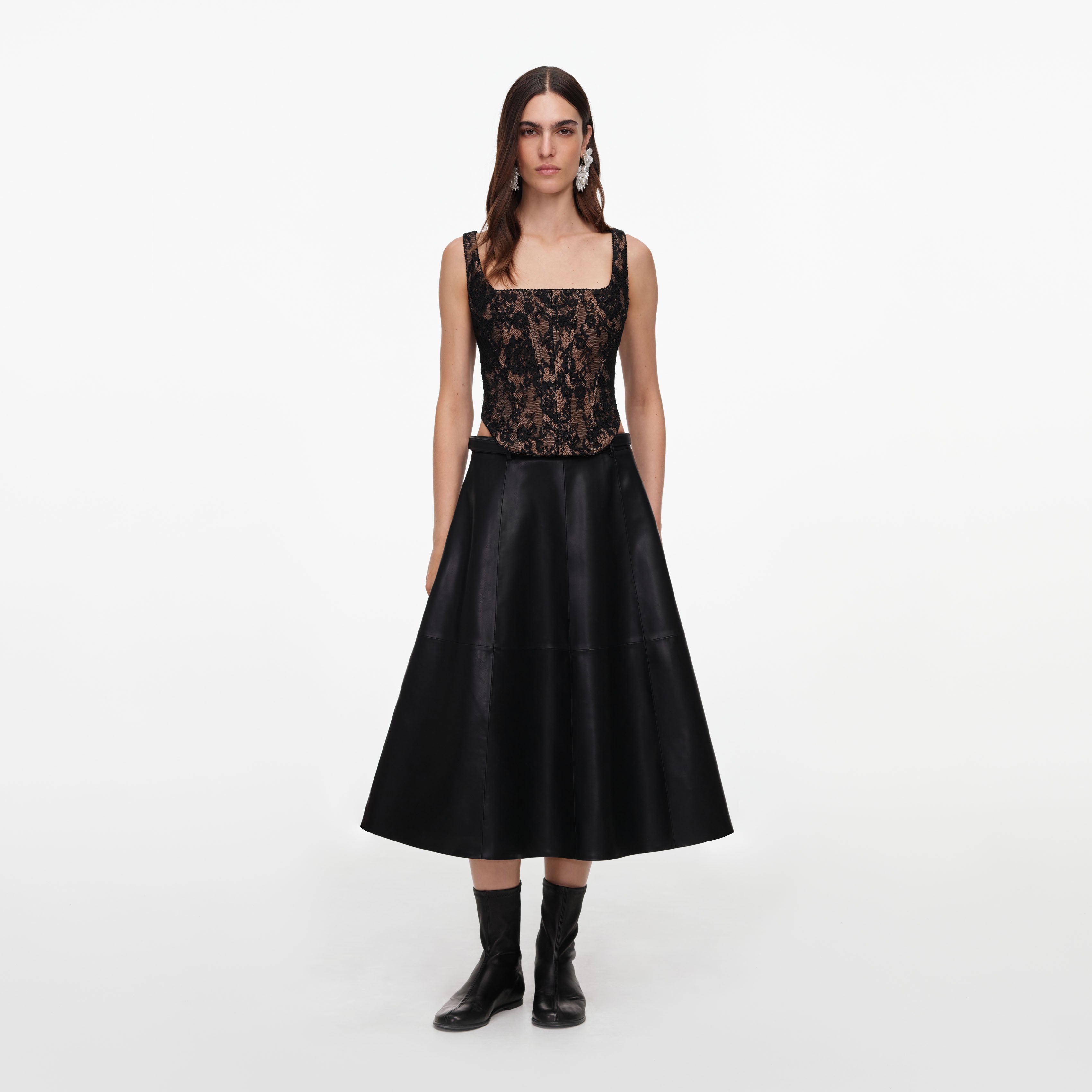 Self Portrait Black Faux Leather Midi Rock Schwarz