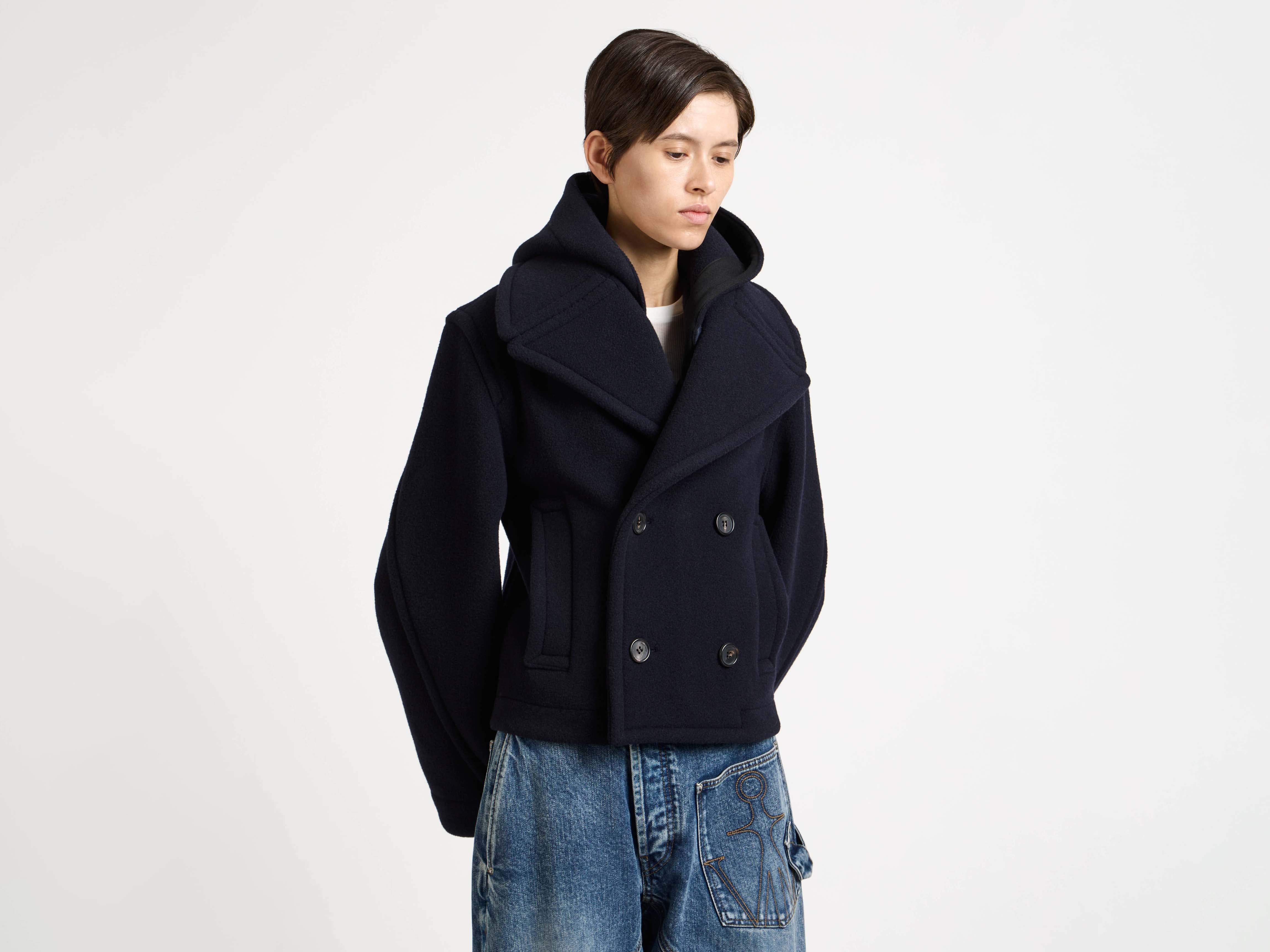 J.W. Anderson Cropped Hooded Coat Mantel Navy Wolle
