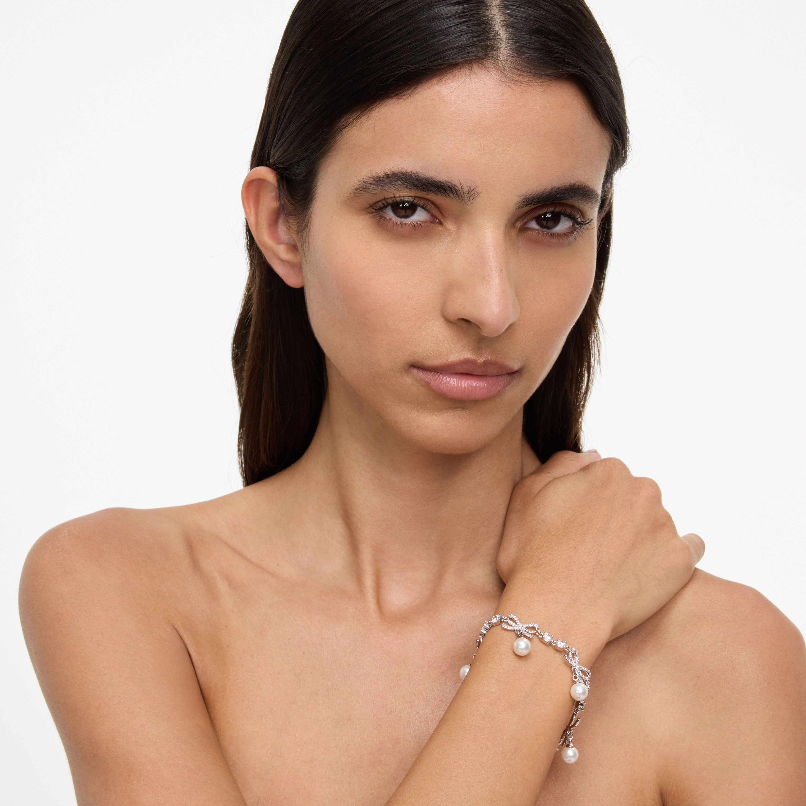 Self Portrait Crystal Bow Pearl Charm Armband Silber