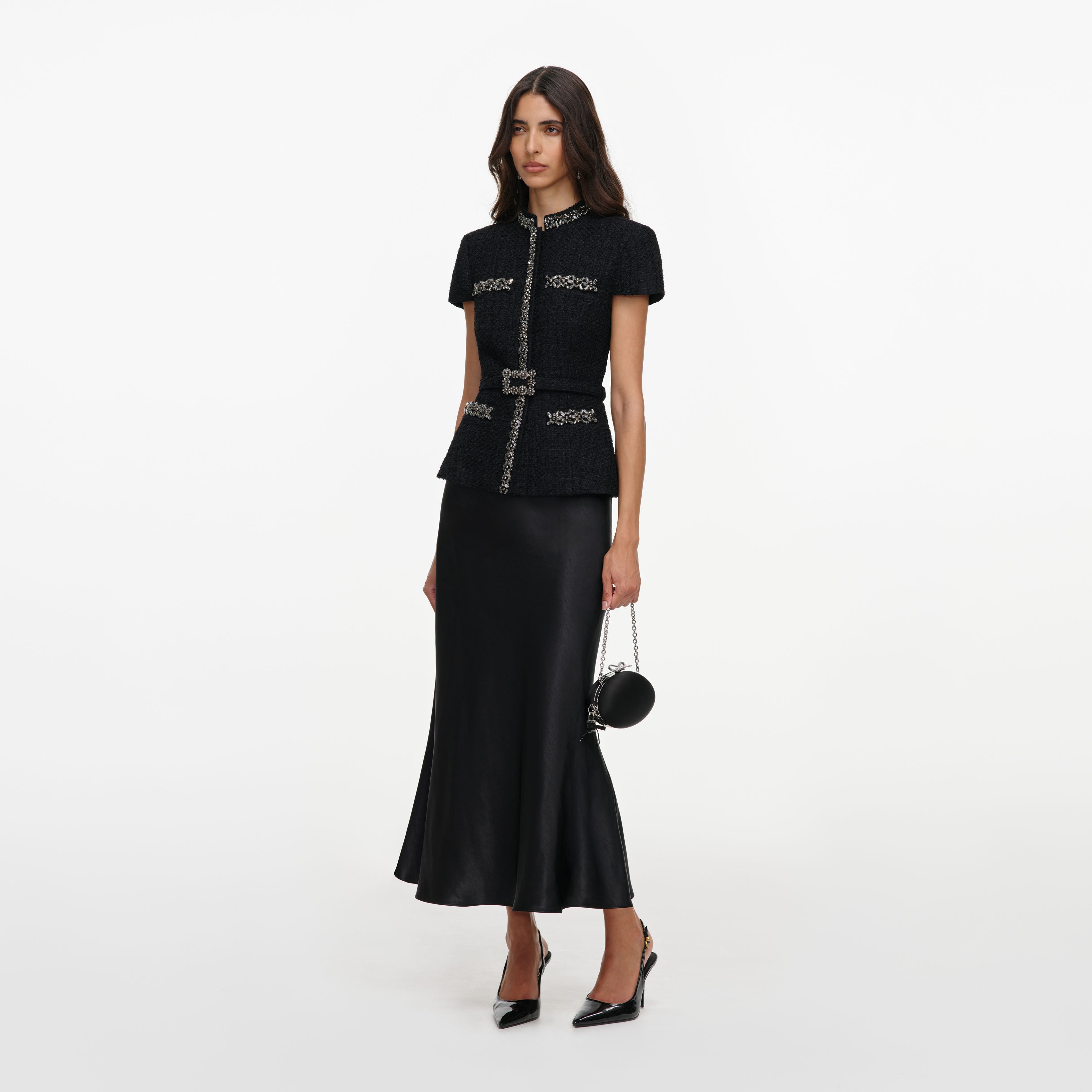 Self Portrait Boucle Crystal Trim Satin Midikleid Schwarz UK 8