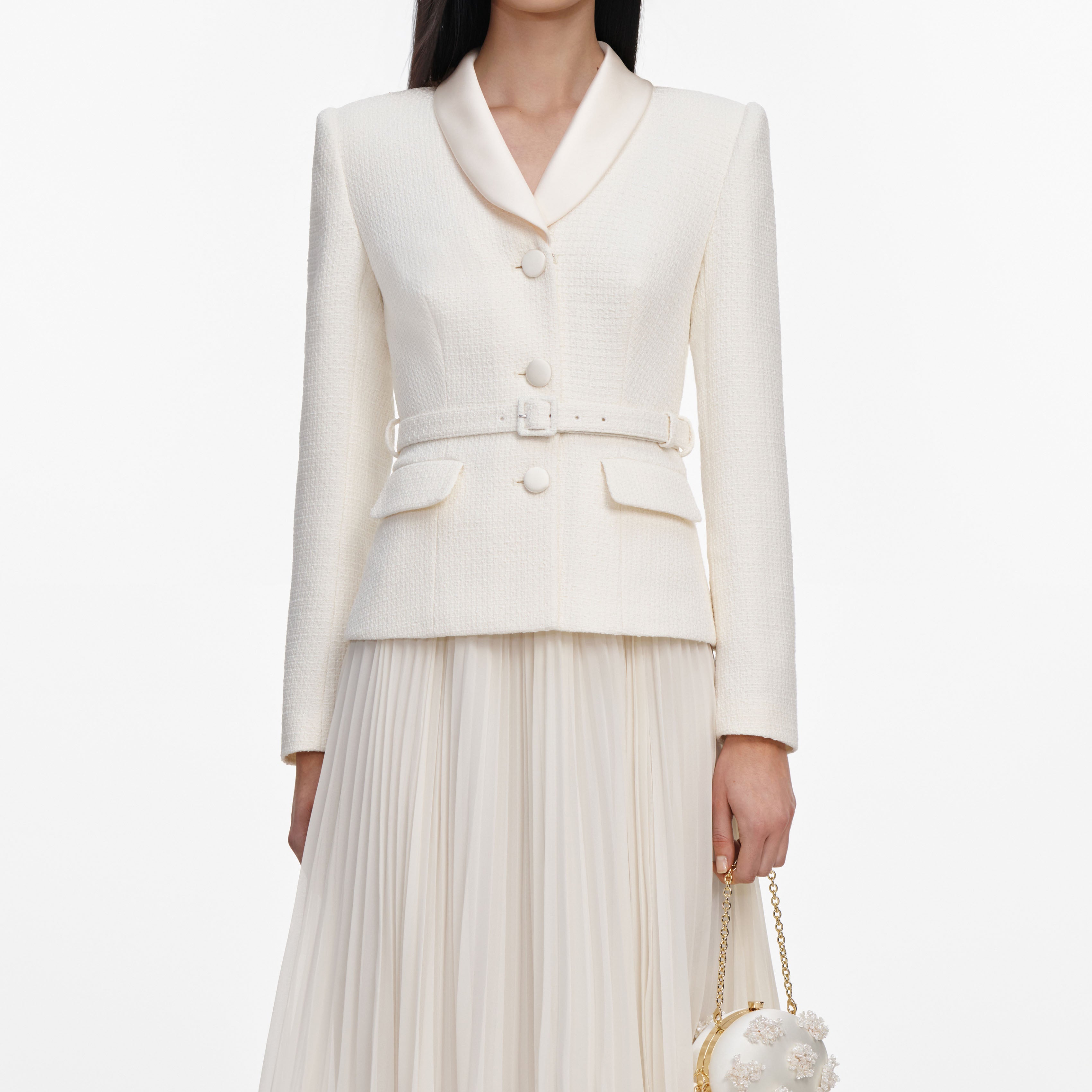 Self Portrait Cream Boucle Midi Kleid Creme Schal