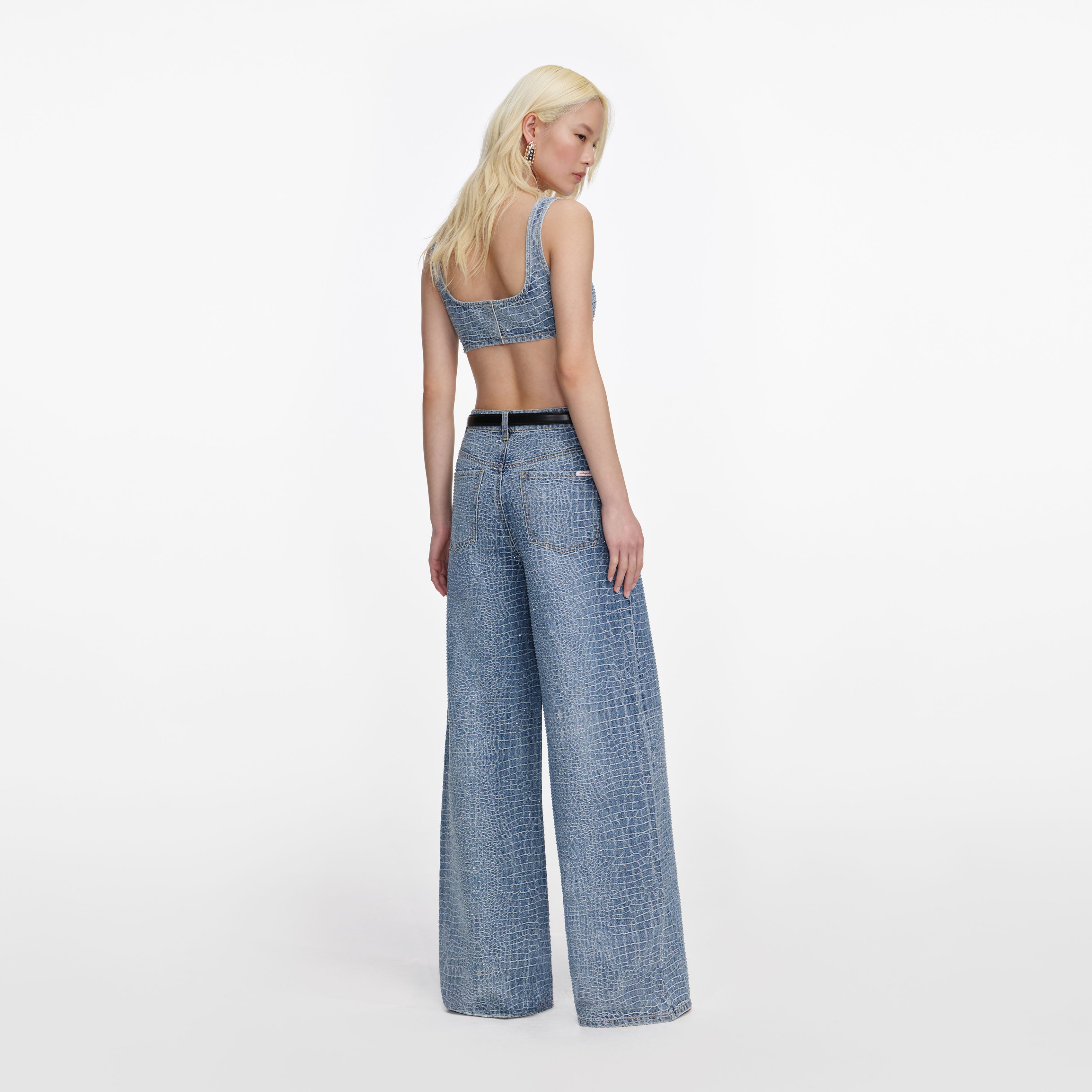 Self Portrait Rhinestone Croc Wide Leg Jeans Blau High Waist