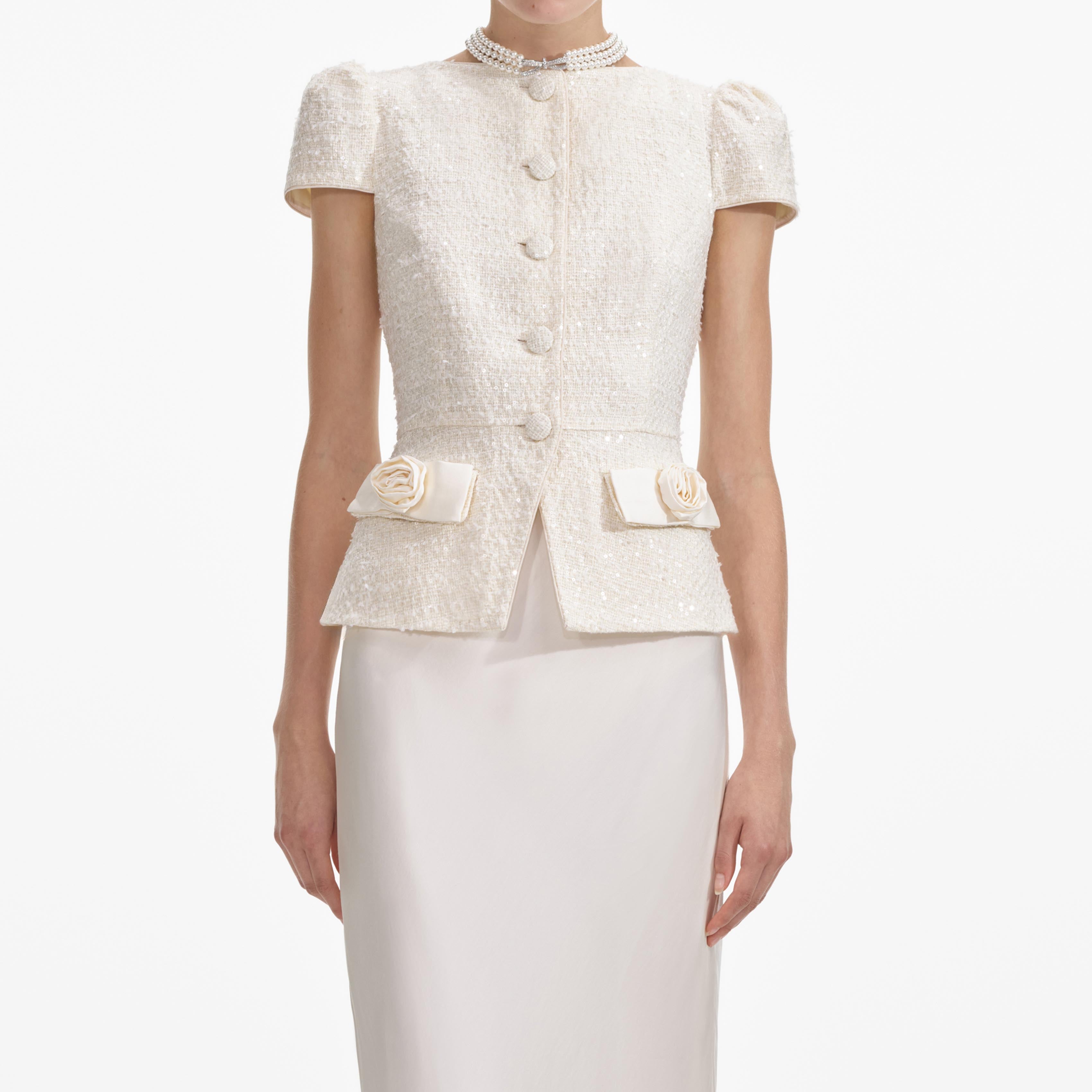 Self Portrait Cream Boucle Bow Maxi Kleid Creme Taschen