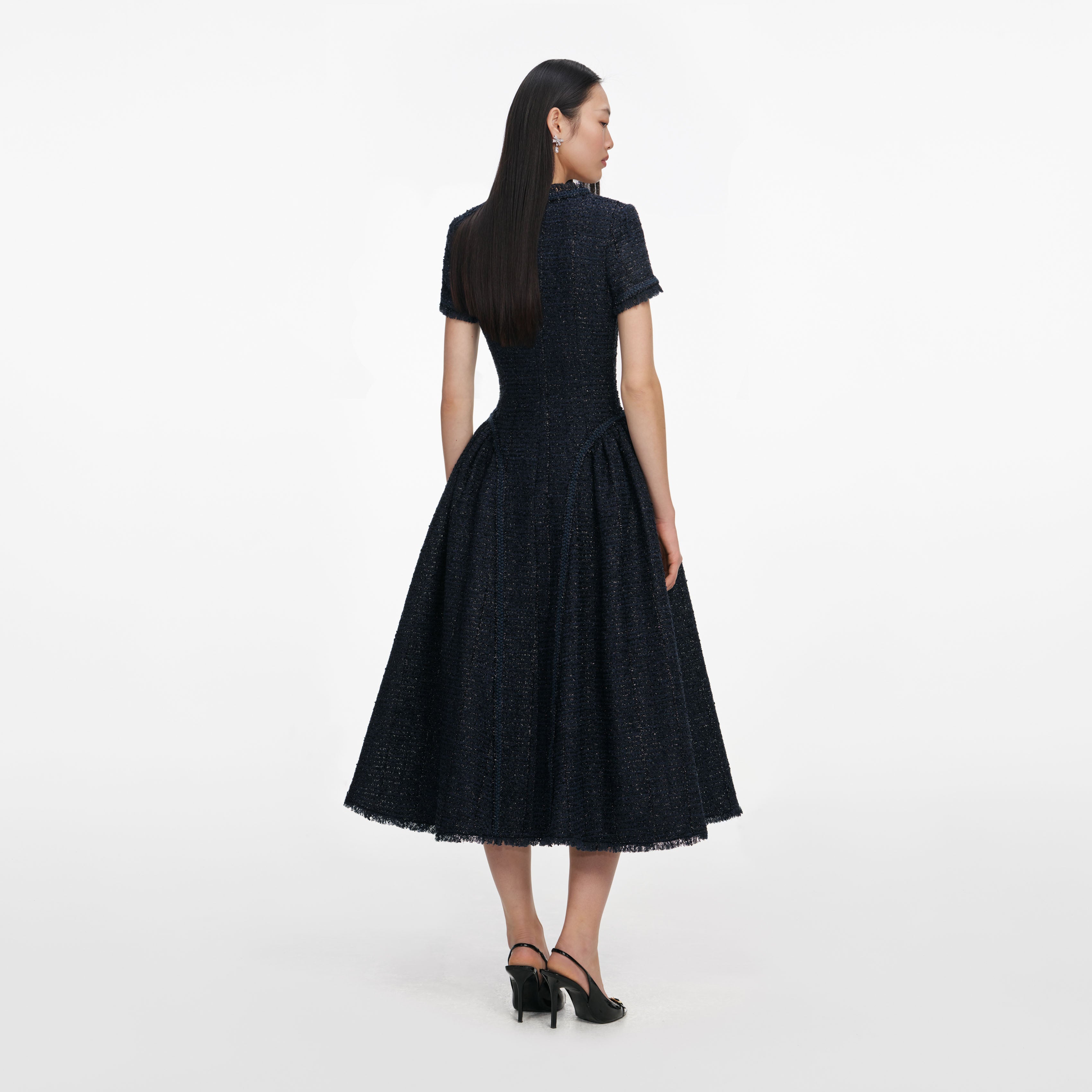 Self Portrait Navy Metallic Boucle Midi Kleid UK 8