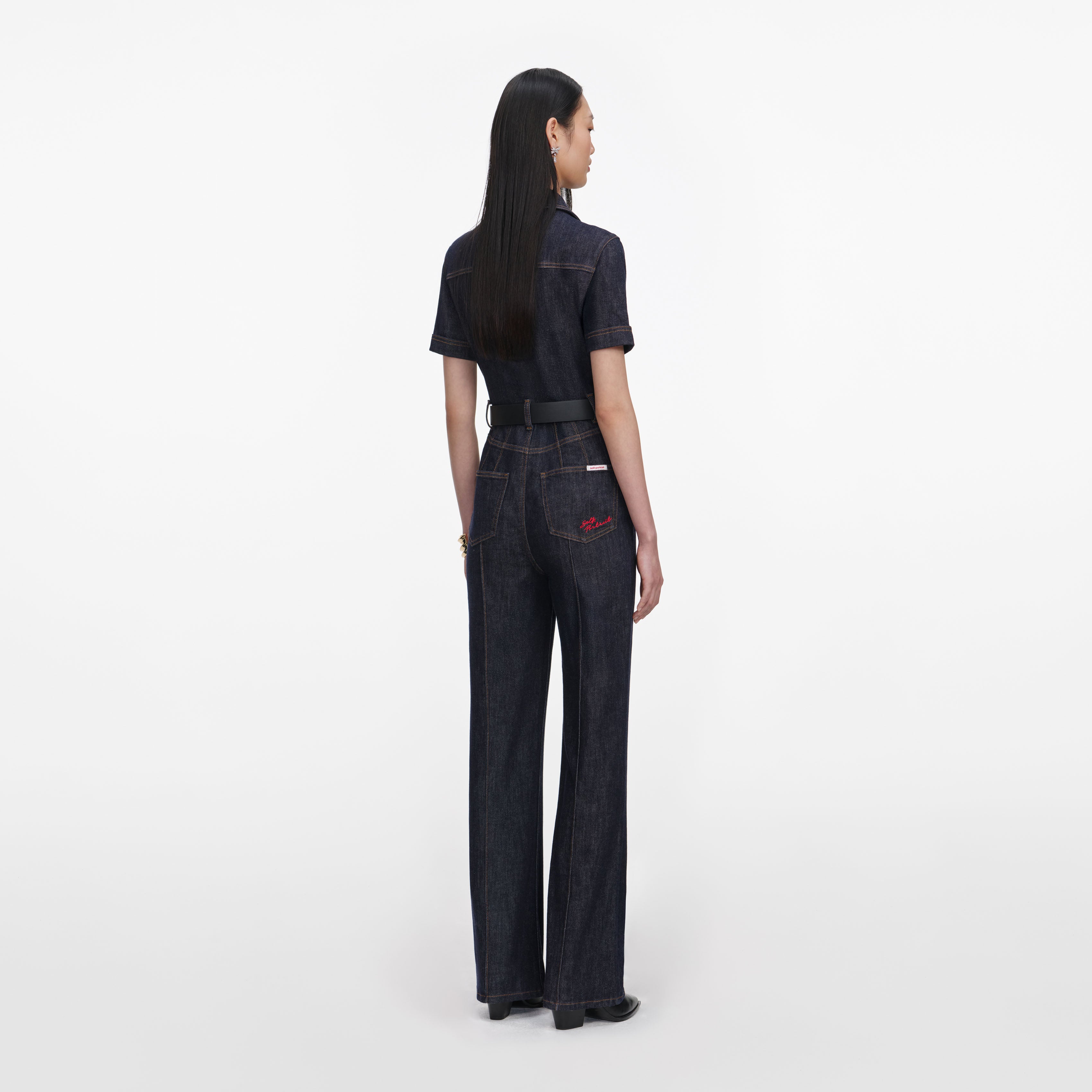 Self Portrait Indigo Denim Jumpsuit Overall Indigo Stretch