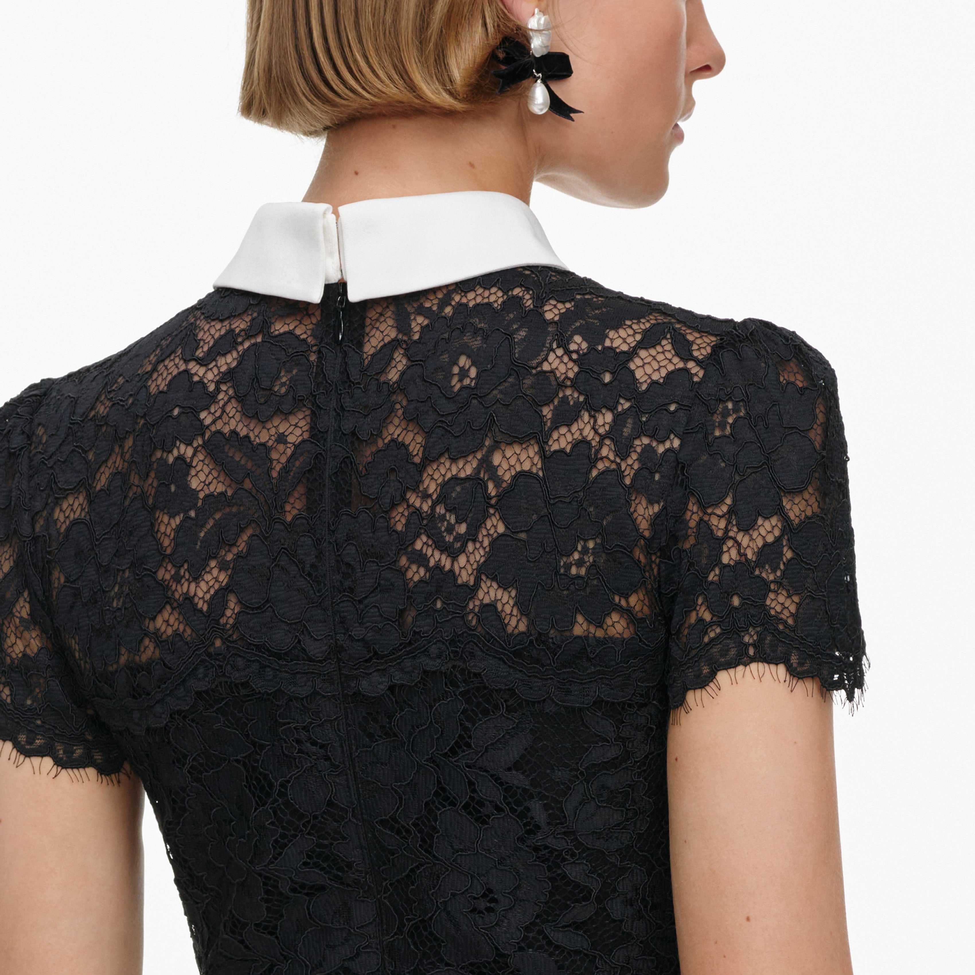 Self-Portrait Lace Contrast Collar Midi Kleid schwarz