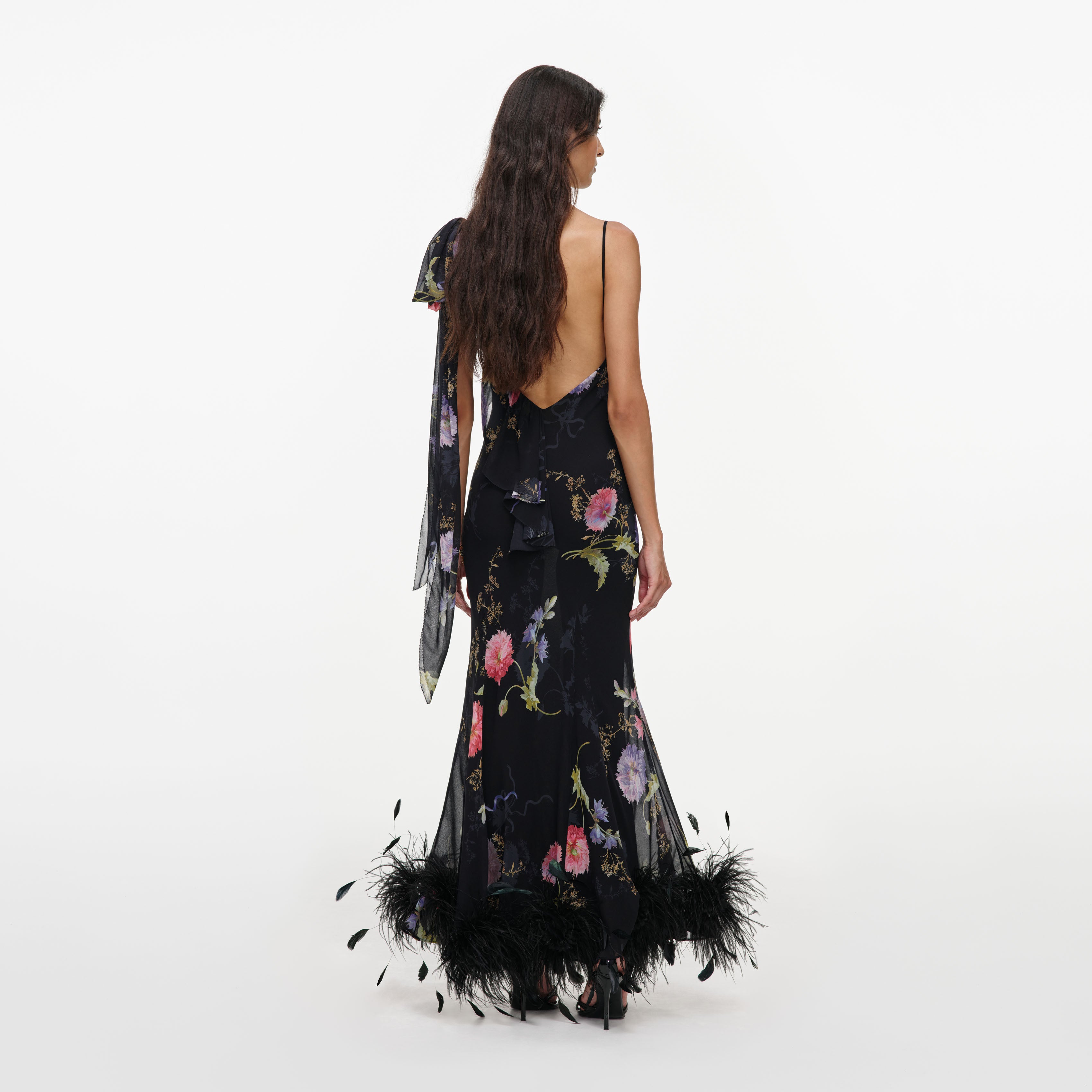 Self Portrait Dresses Black Floral Georgette Feather Maxikleid Schwarz