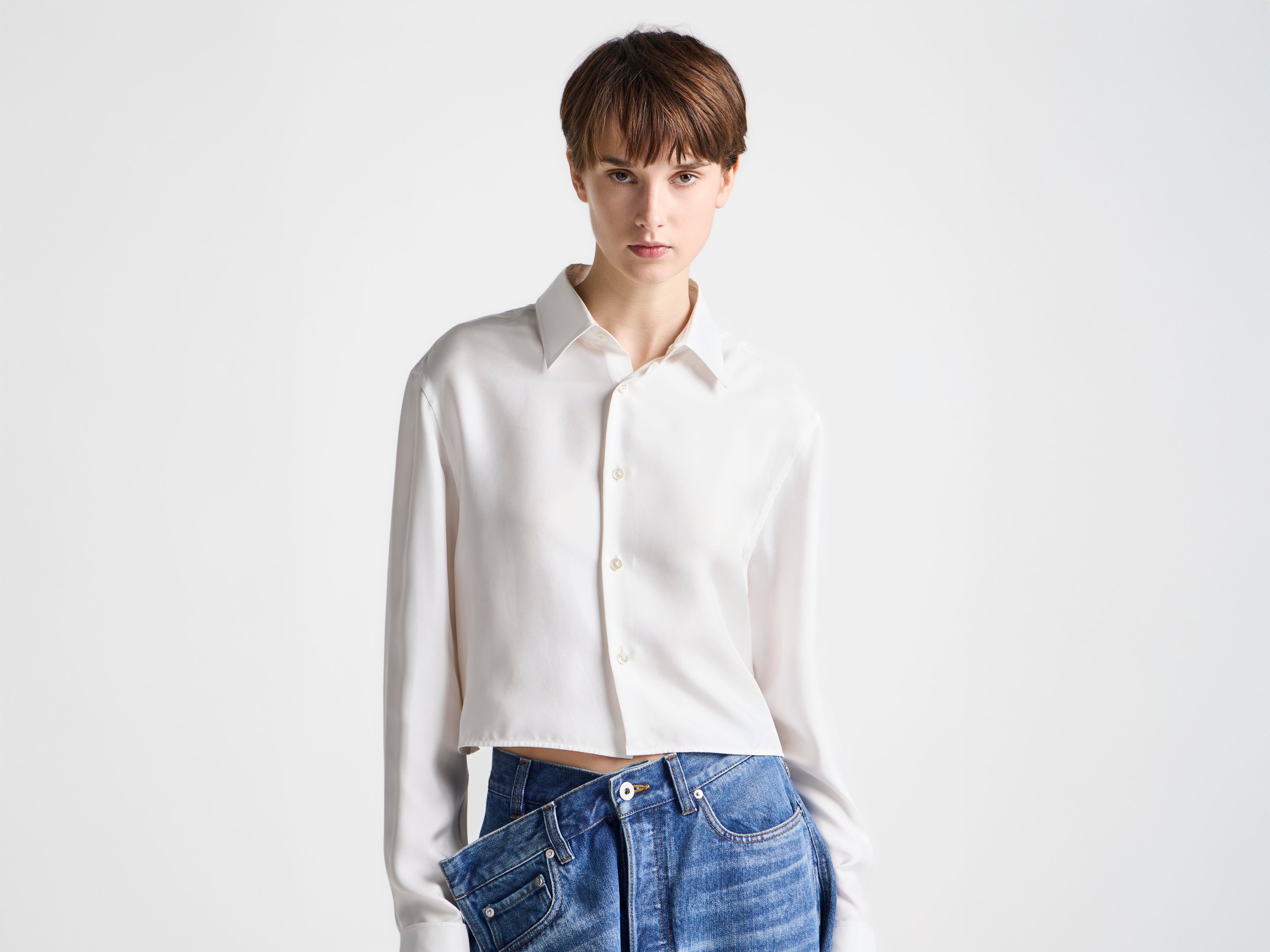 J.W.Anderson Cropped Silk Twill Hemd Off-White Seide