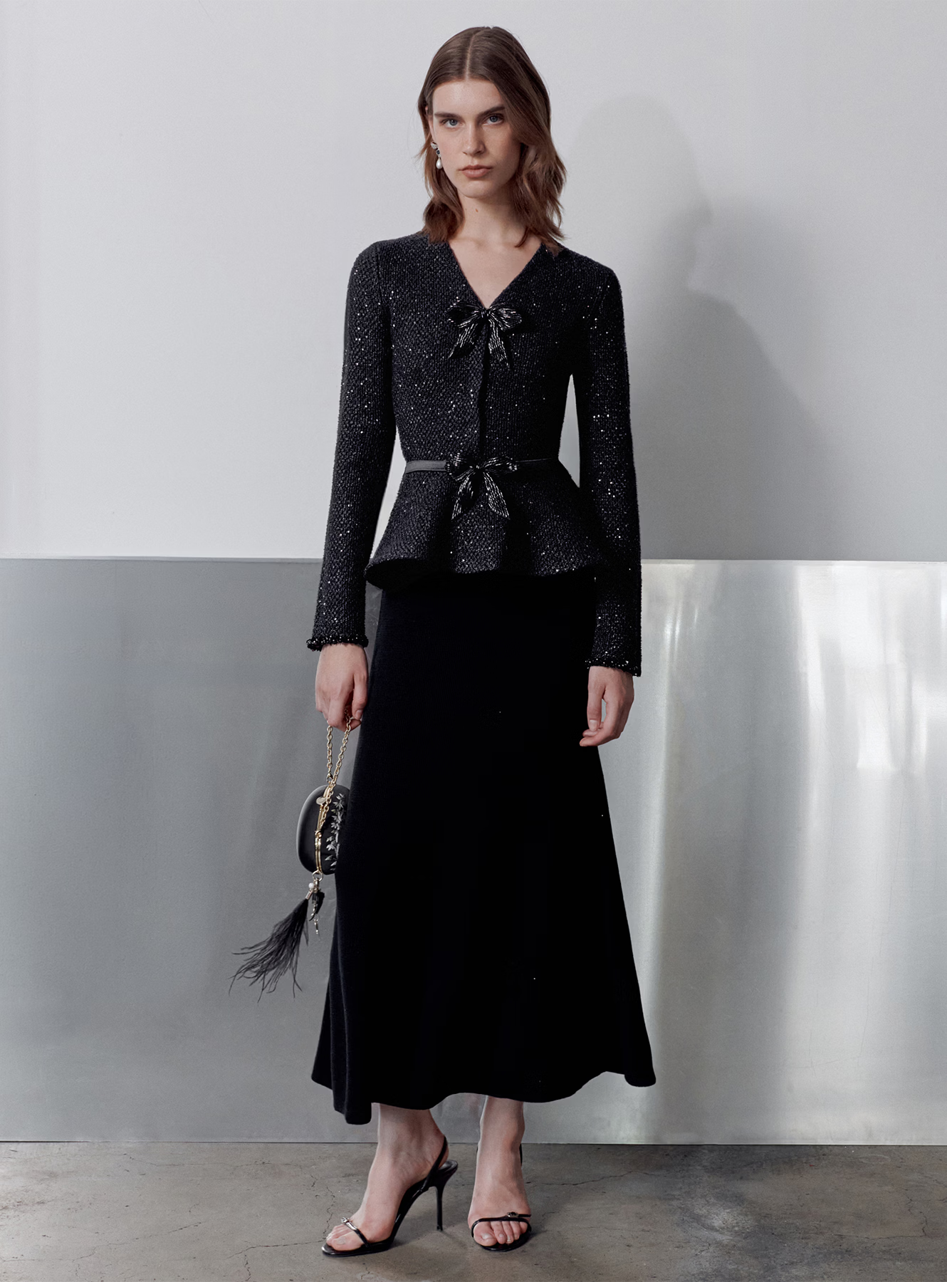Self Portrait Black Sequin Knit Midi Kleid Schwarz S