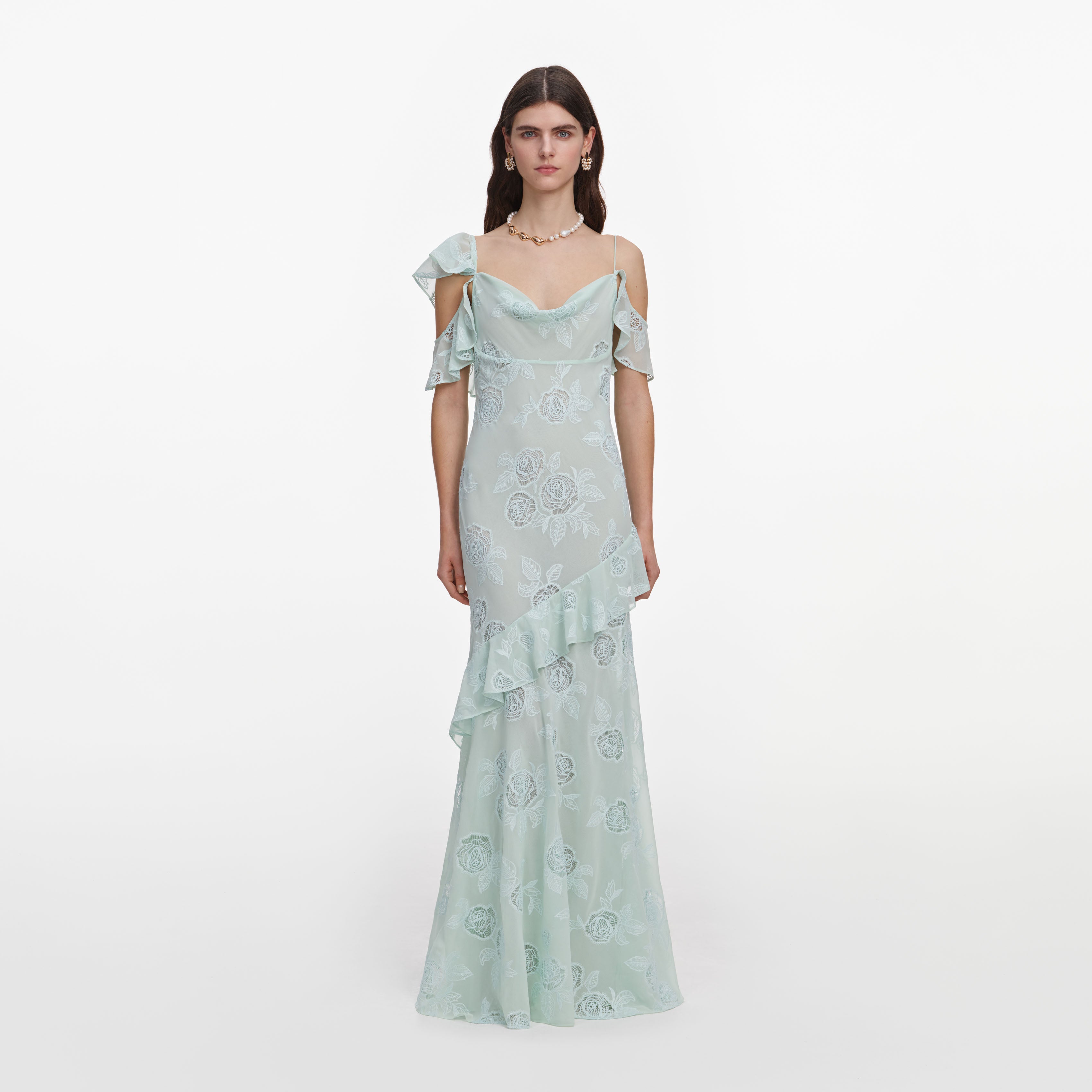 Self Portrait Mint Georgette Maxikleid One-Shoulder