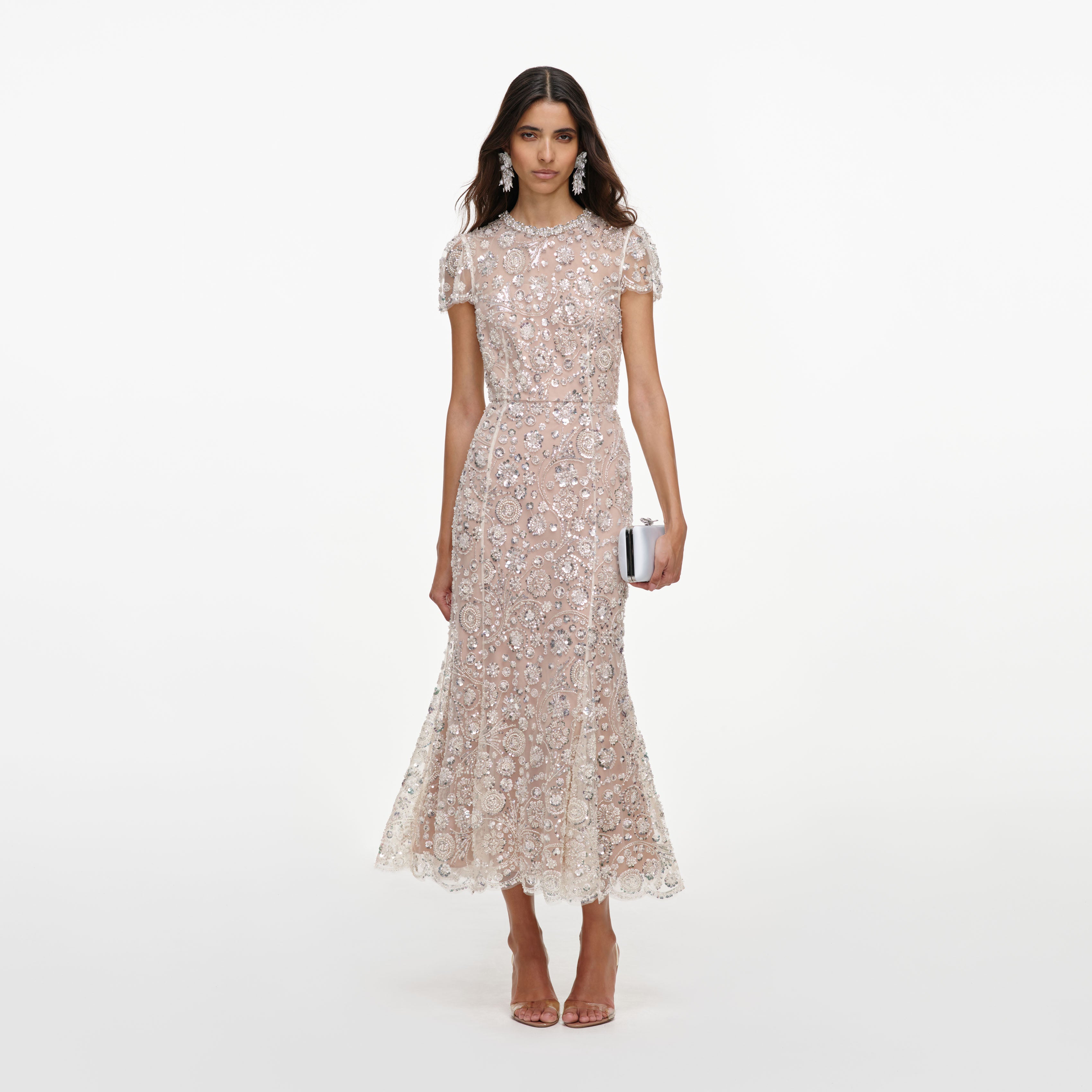 Self Portrait Cream Sequin Midi Kleid Creme Pailletten