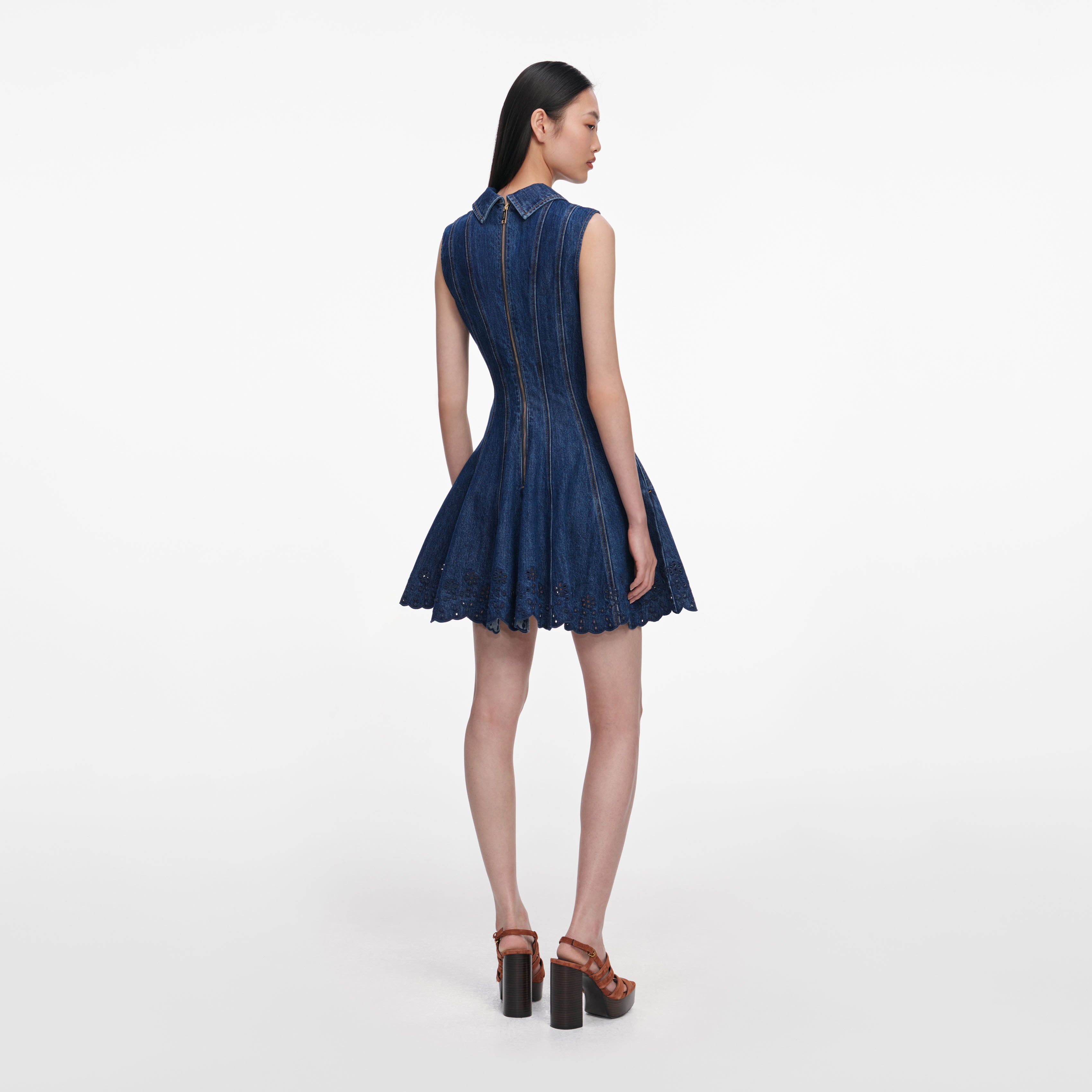 Self Portrait Denim Broderie Minikleid Blau UK 10 Stretch
