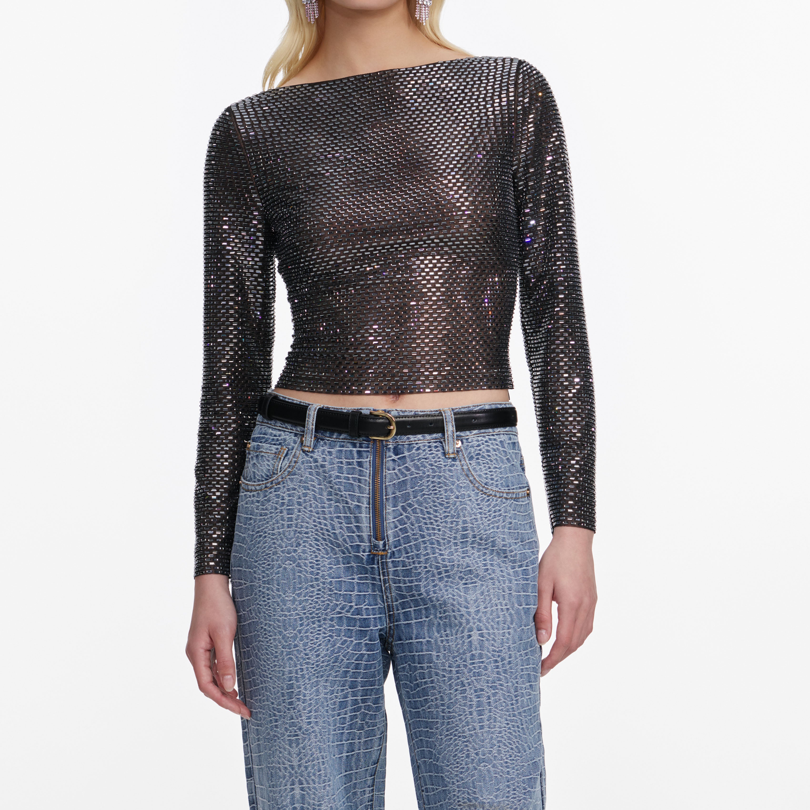 Self Portrait Croc Effect Straight Leg Jeans Blau High Waist