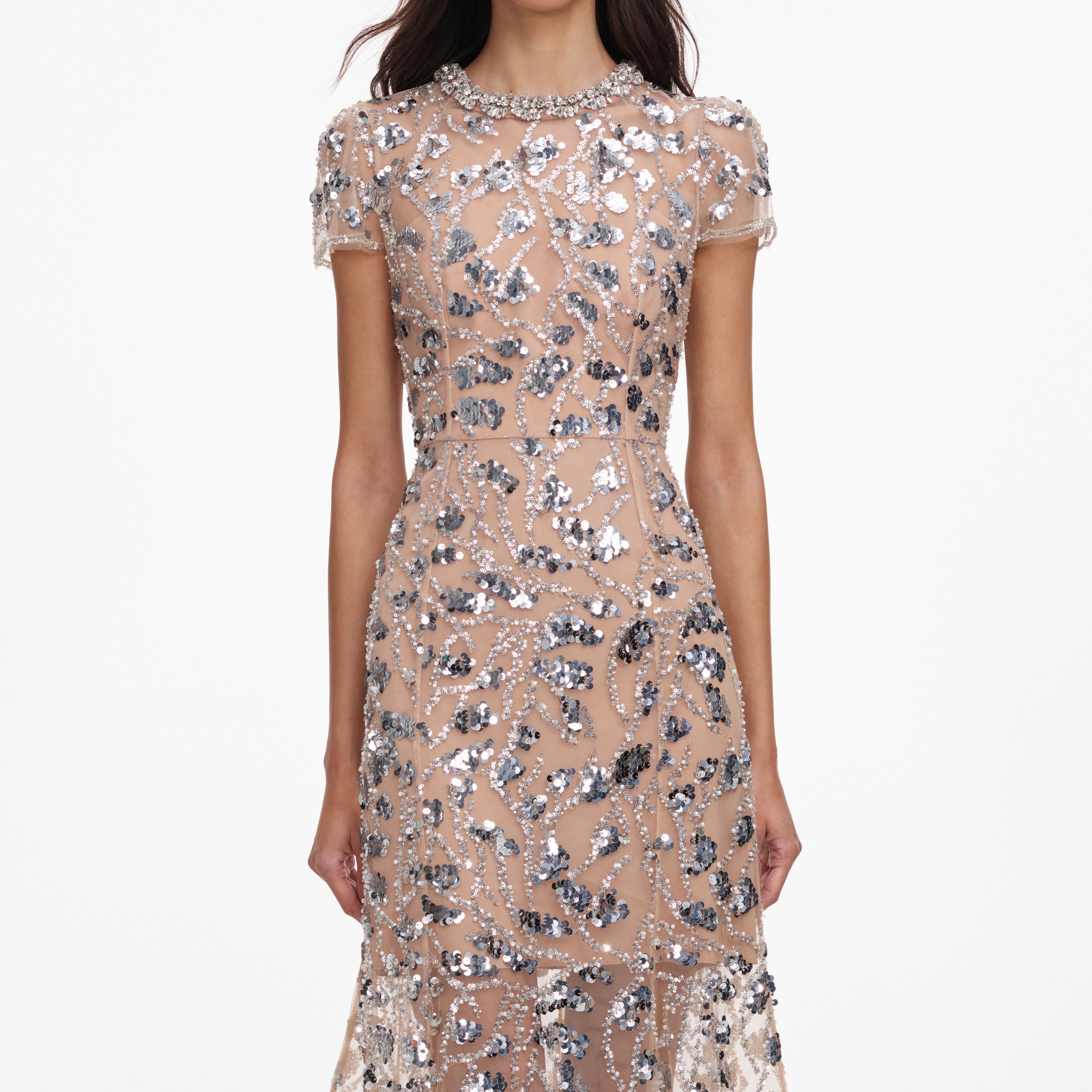 Self Portrait Silver Sequin Midi Kleid Silber UK 8 Pailletten