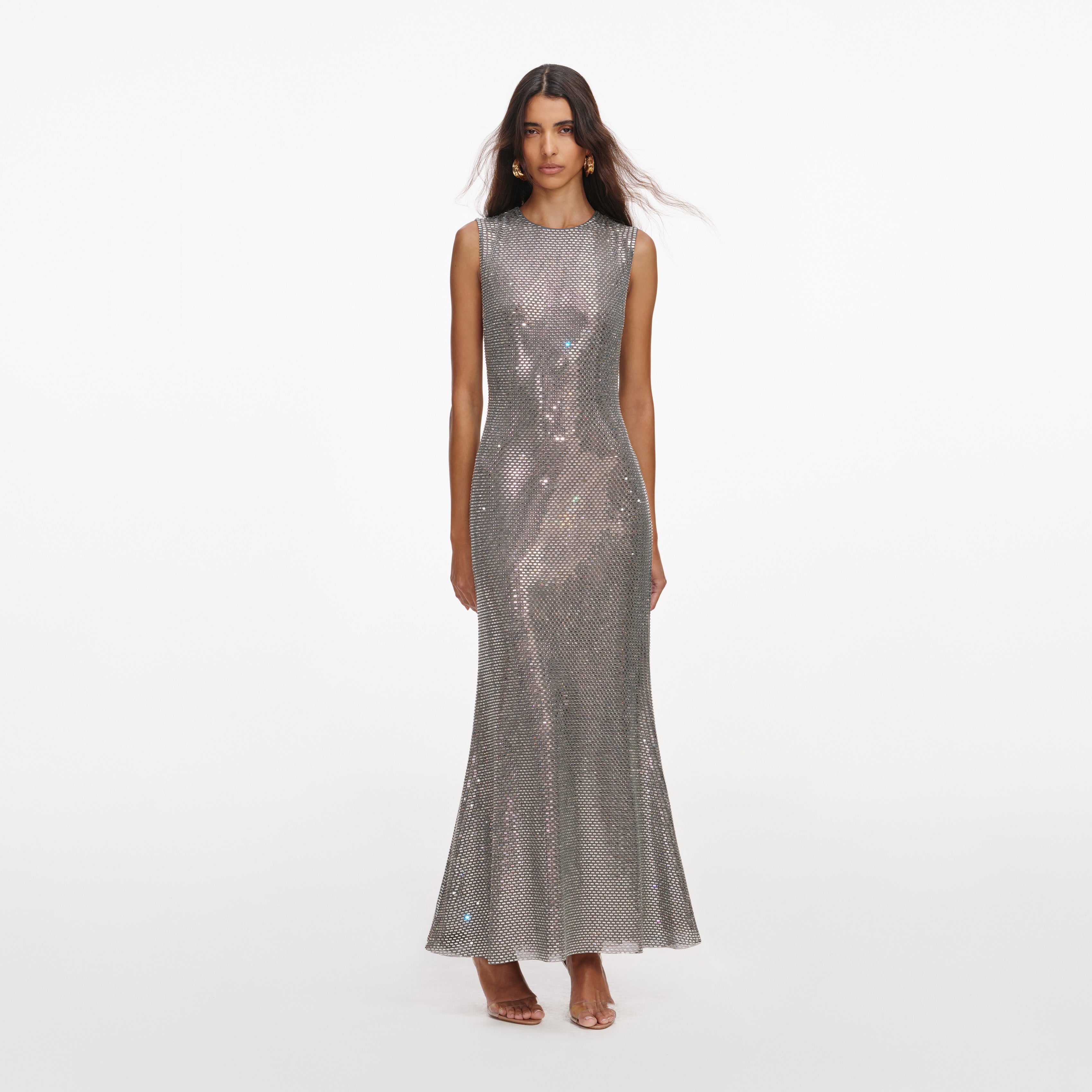 Self Portrait Grey Rhinestone Mesh Midi Kleid Grau Strass