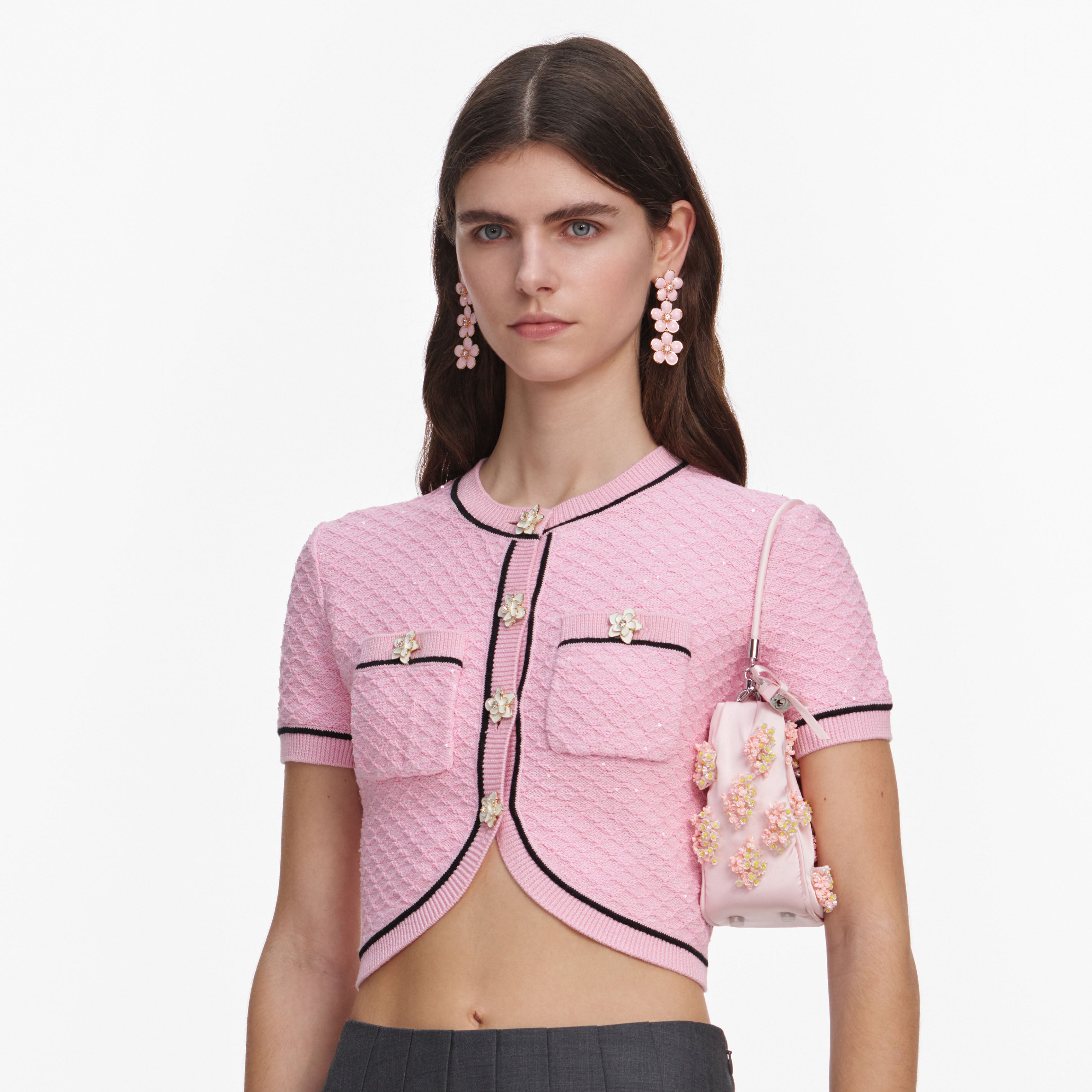 Self Portrait Knitwear Pink Flower Stricktop rosa cropped