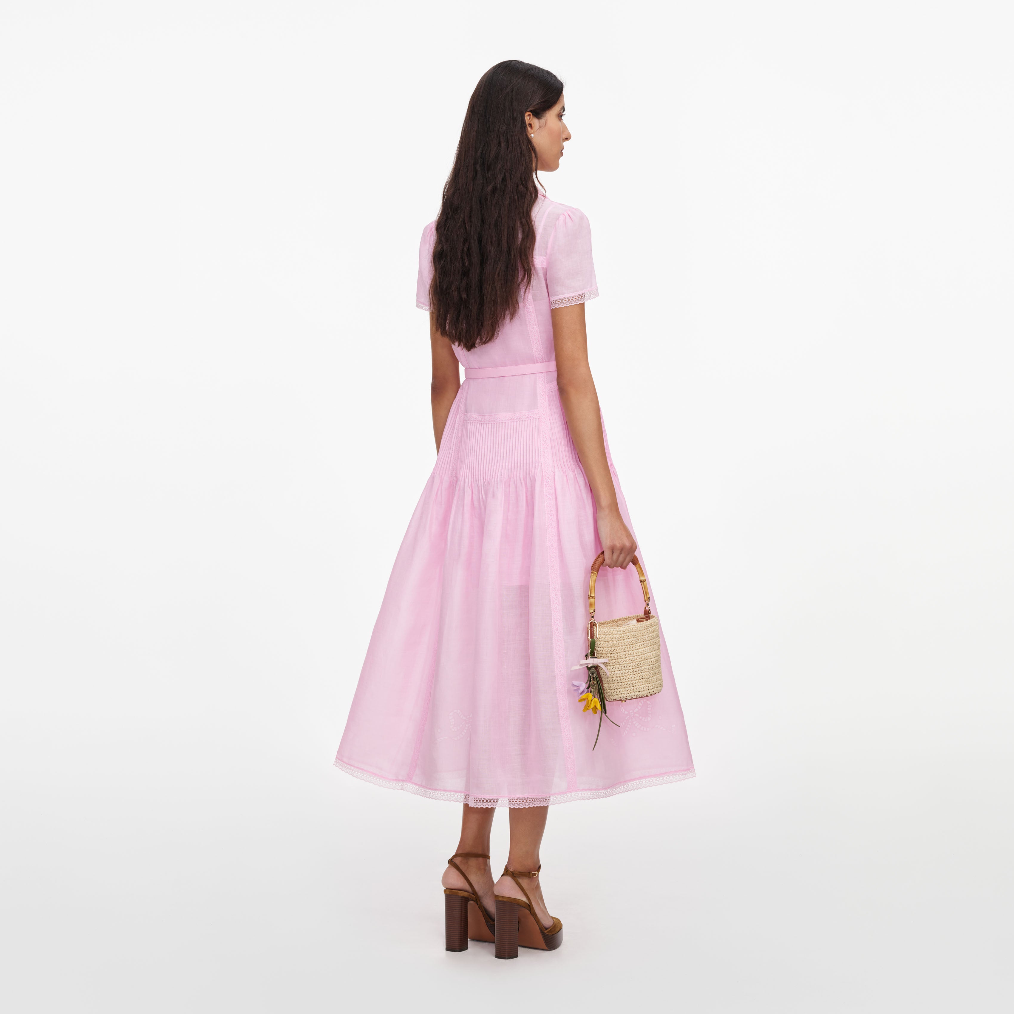Self Portrait Embroidered Midi Kleid Pink Leinen Stickerei
