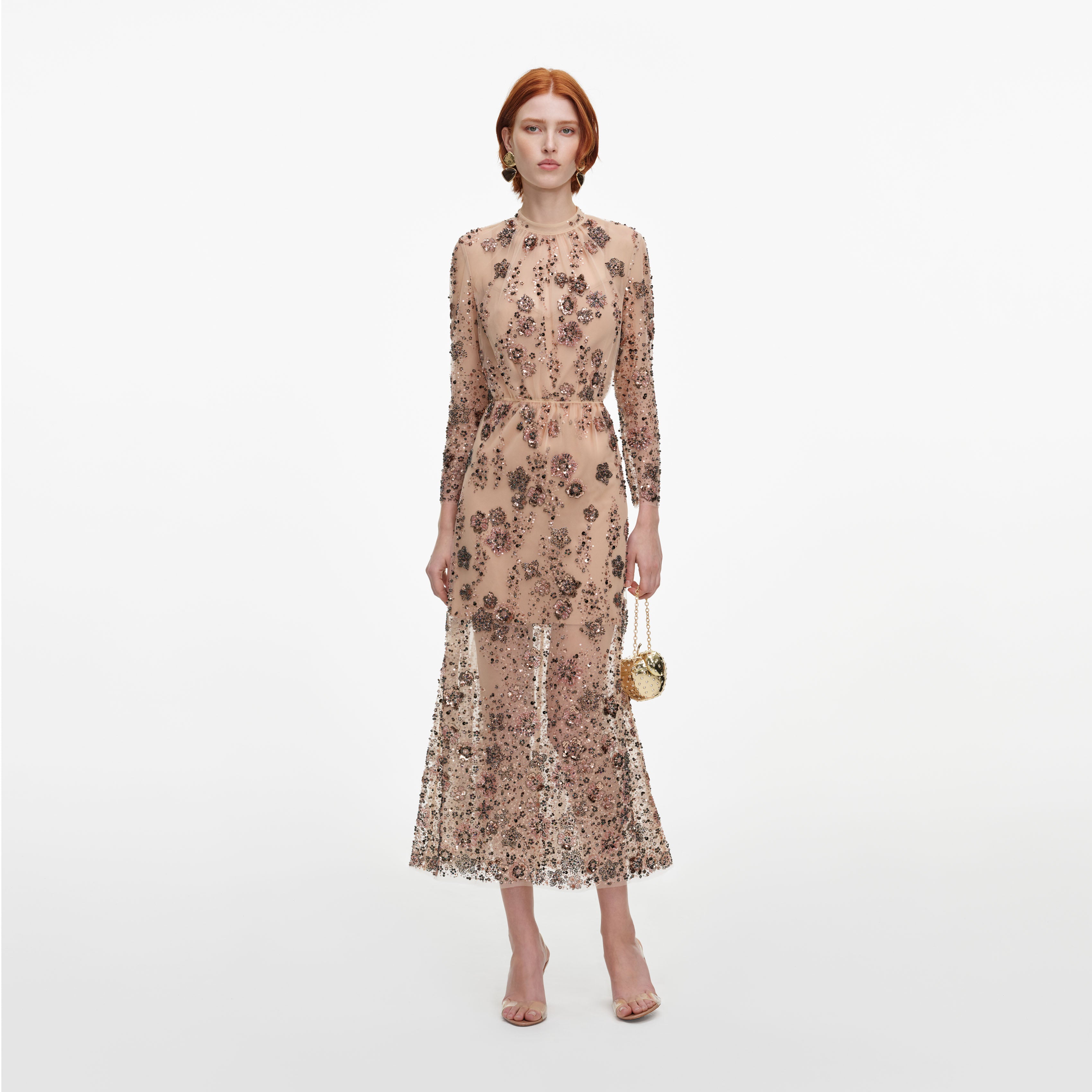Self Portrait Beige Sequin Midi Kleid Pailletten Abendkleid