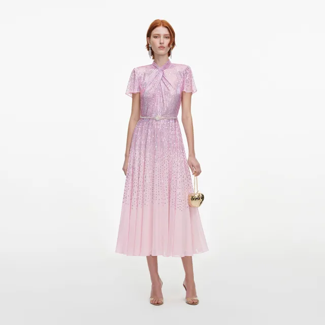 Self Portrait Pink Ombre Rhinestone Midi Kleid UK 8 Rosa