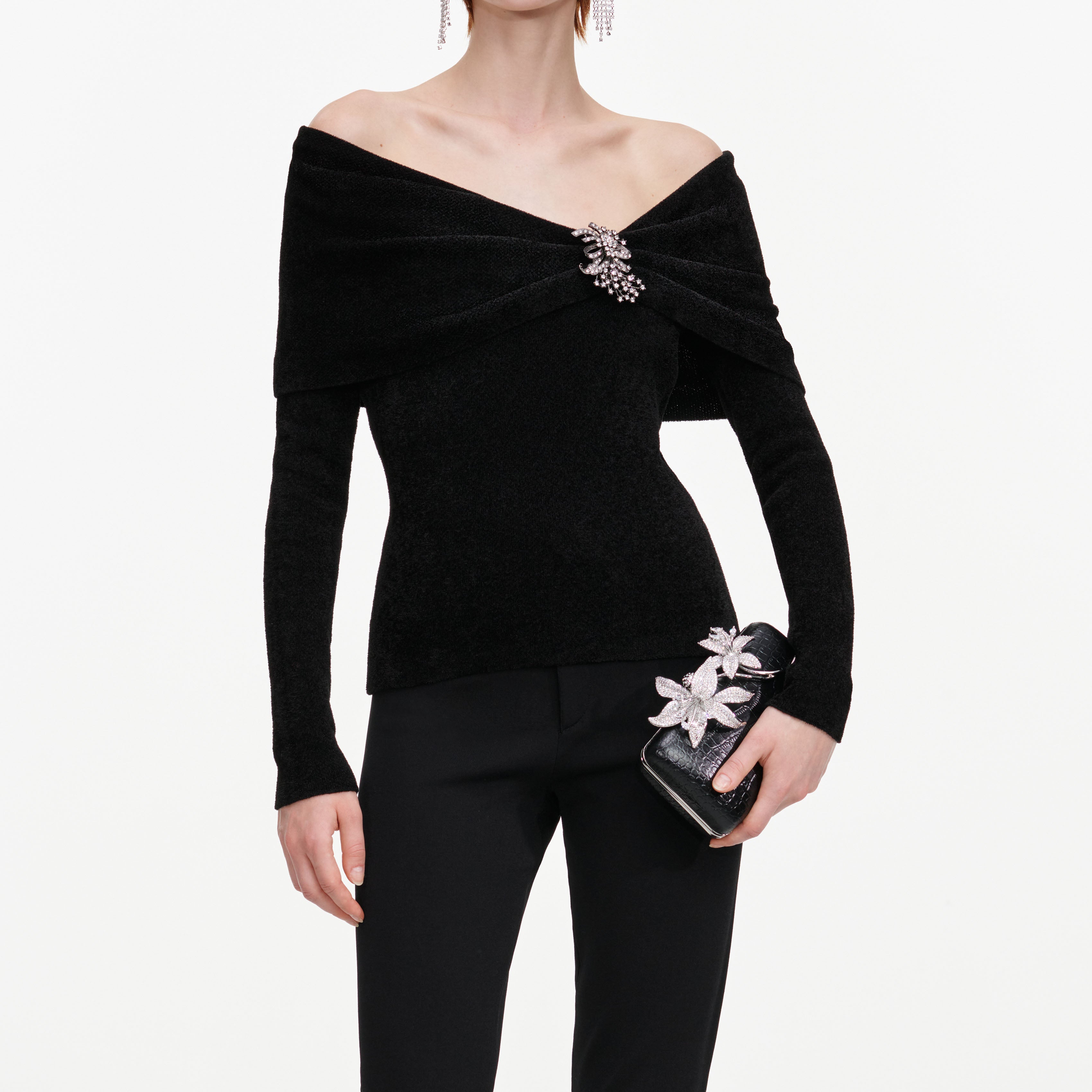 Self Portrait Chenille Stricktop schwarz Brosche Gr. S