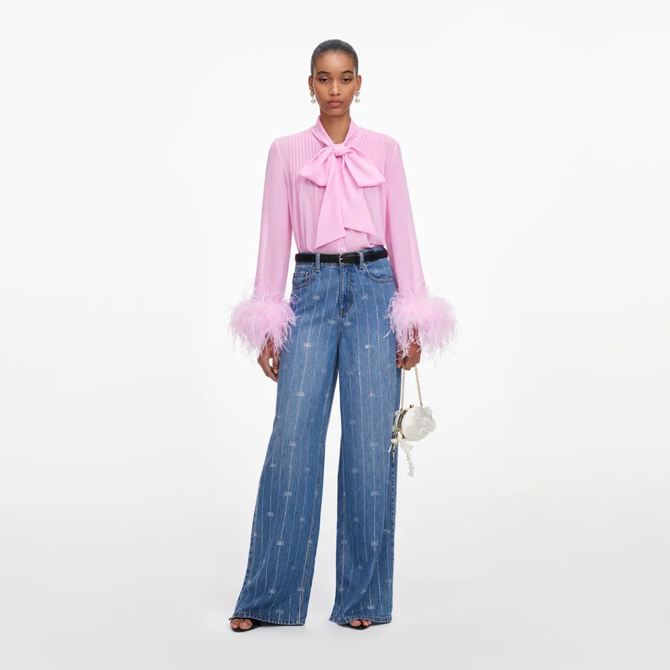 Self Portrait Georgette Feder Bluse Pink Schleife
