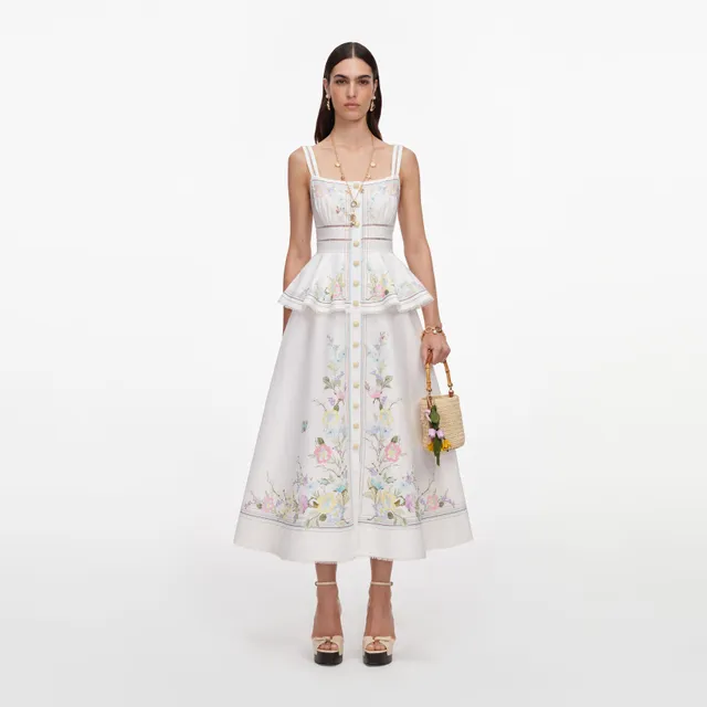 Self Portrait White Floral Linen Peplum Midikleid Weiß UK 4-16