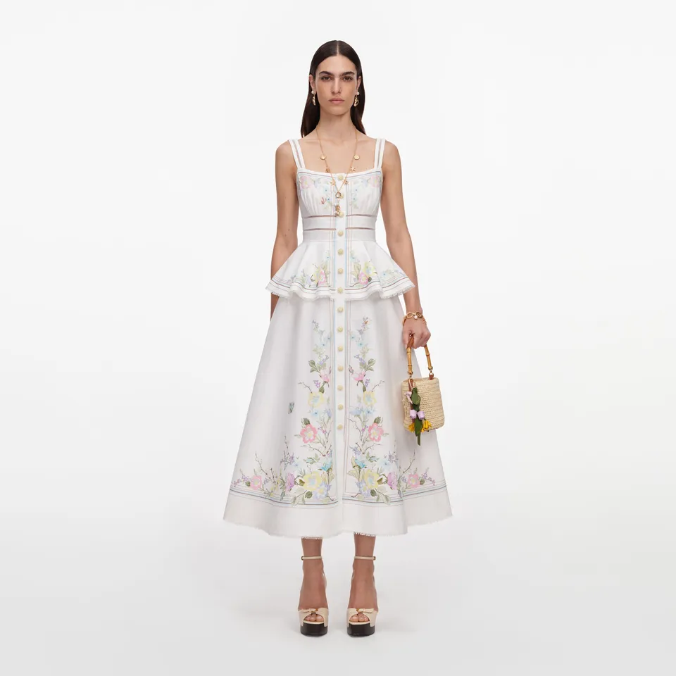 Self Portrait White Floral Linen Peplum Midikleid Weiß UK 4-16