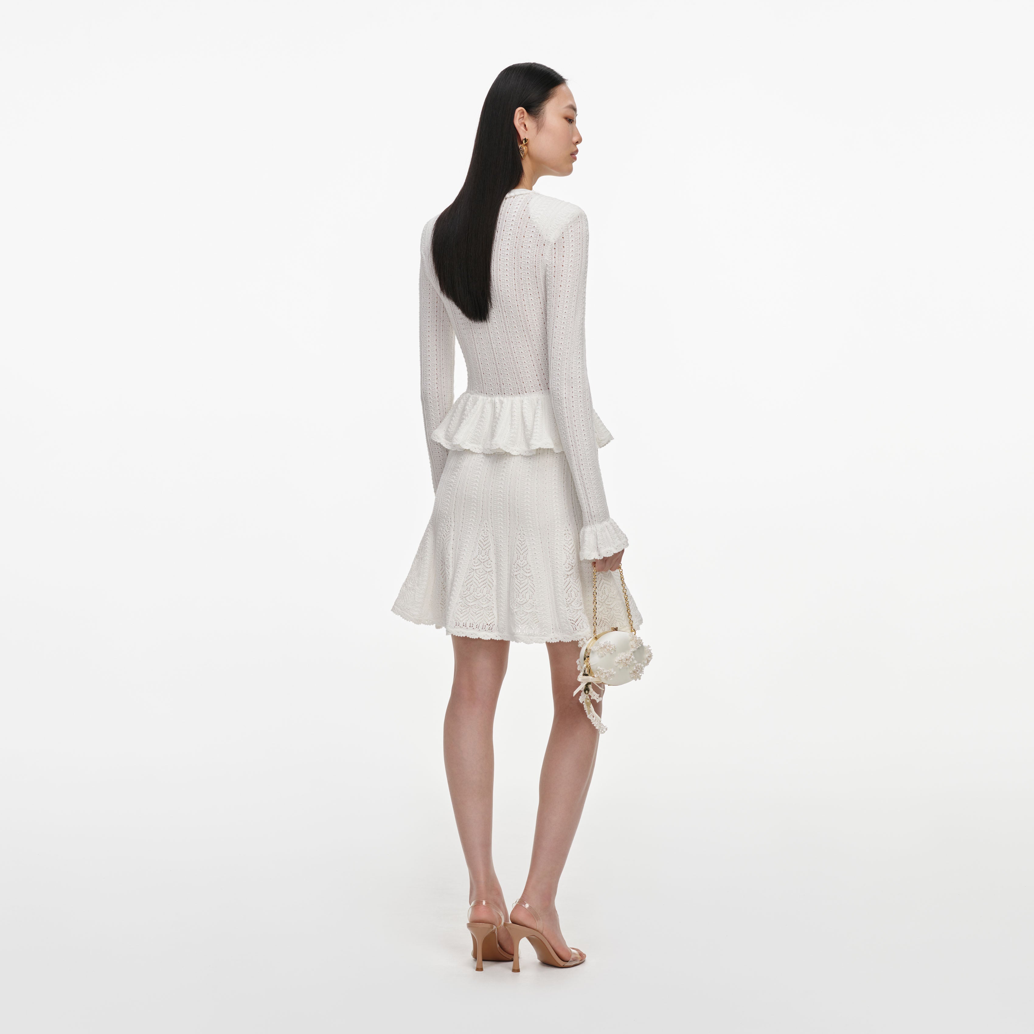 Self Portrait White Pointelle Peplum Strick-Minikleid