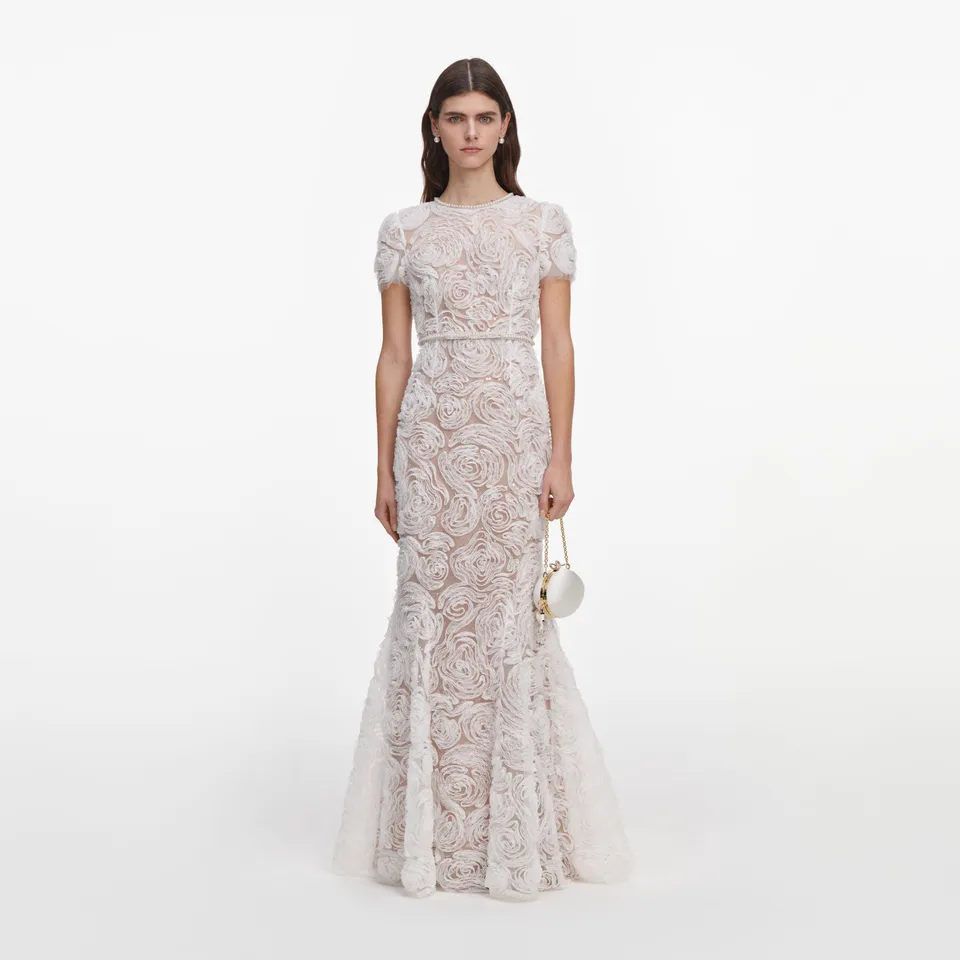 Self Portrait Tulle Lace Maxi Kleid Weiß Spitze