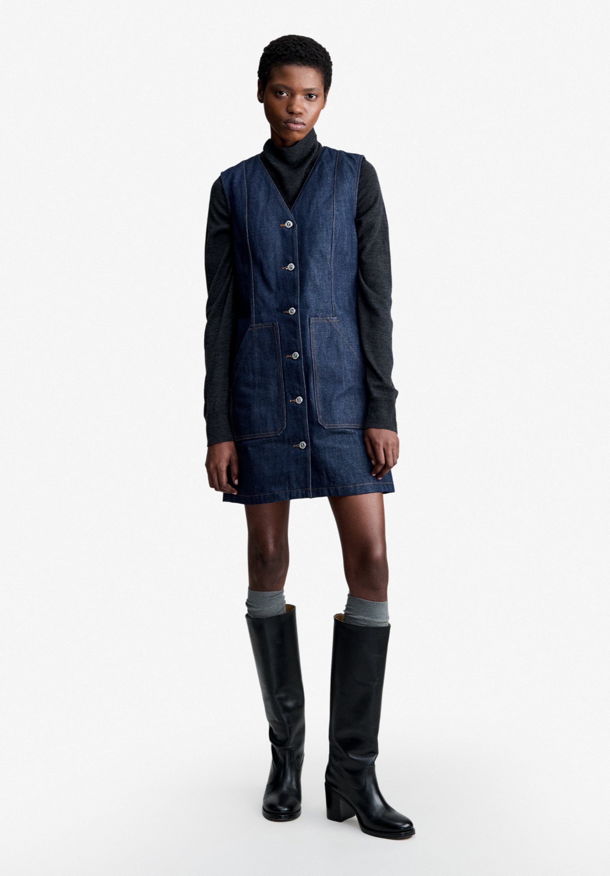 A.P.C. Denim Kleid V-Ausschnitt Bio-Baumwolle 38