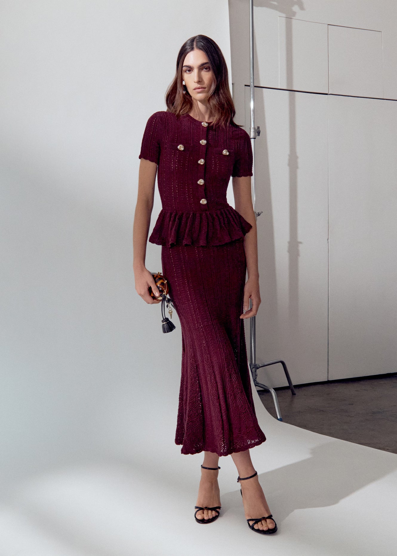 Self Portrait Burgundy Pointelle Midikleid Bordeaux Strick