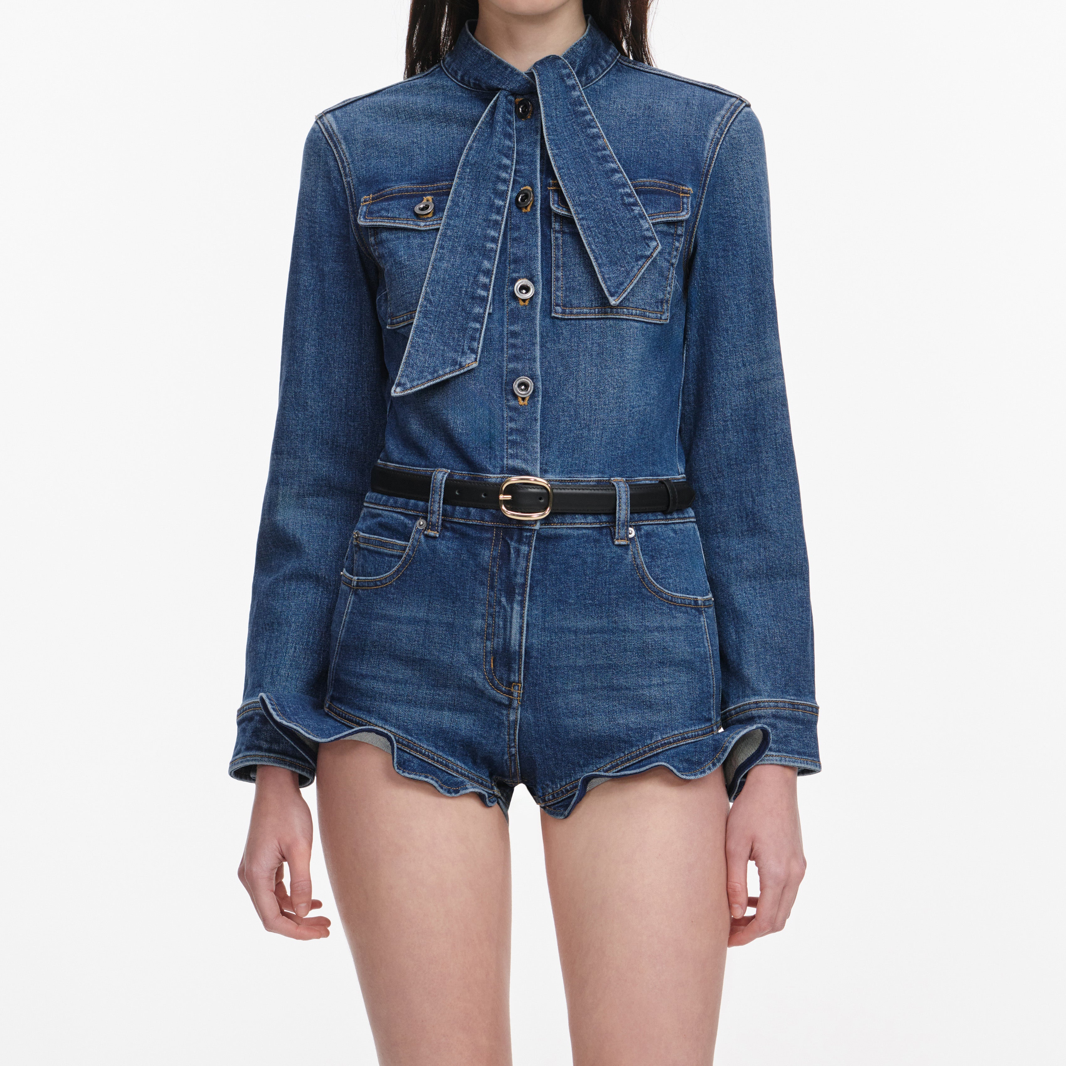 Self Portrait Denim Frill Playsuit Jumpsuit Blau Stretch