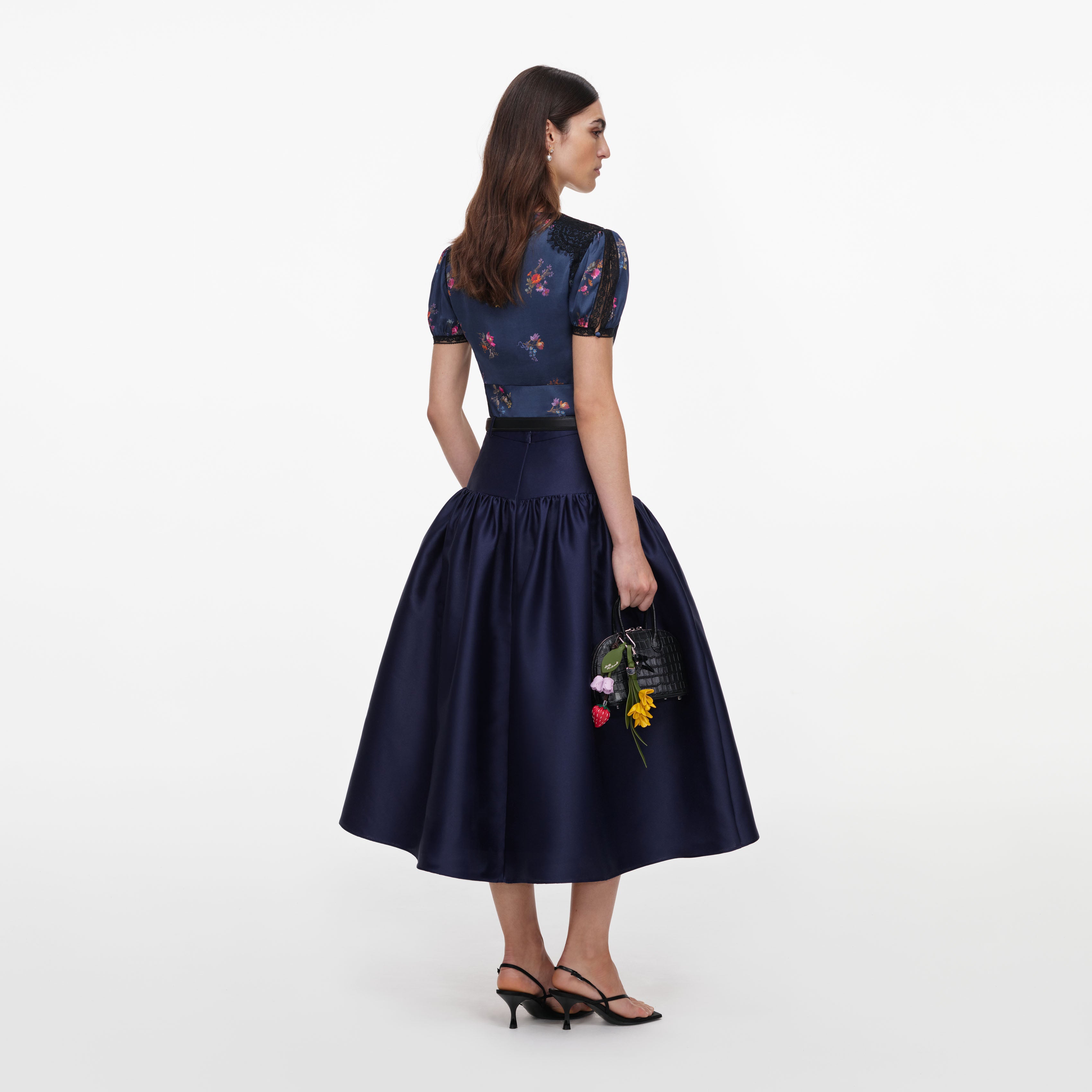 Self Portrait Navy Taffeta Midi Rock Blau Taft