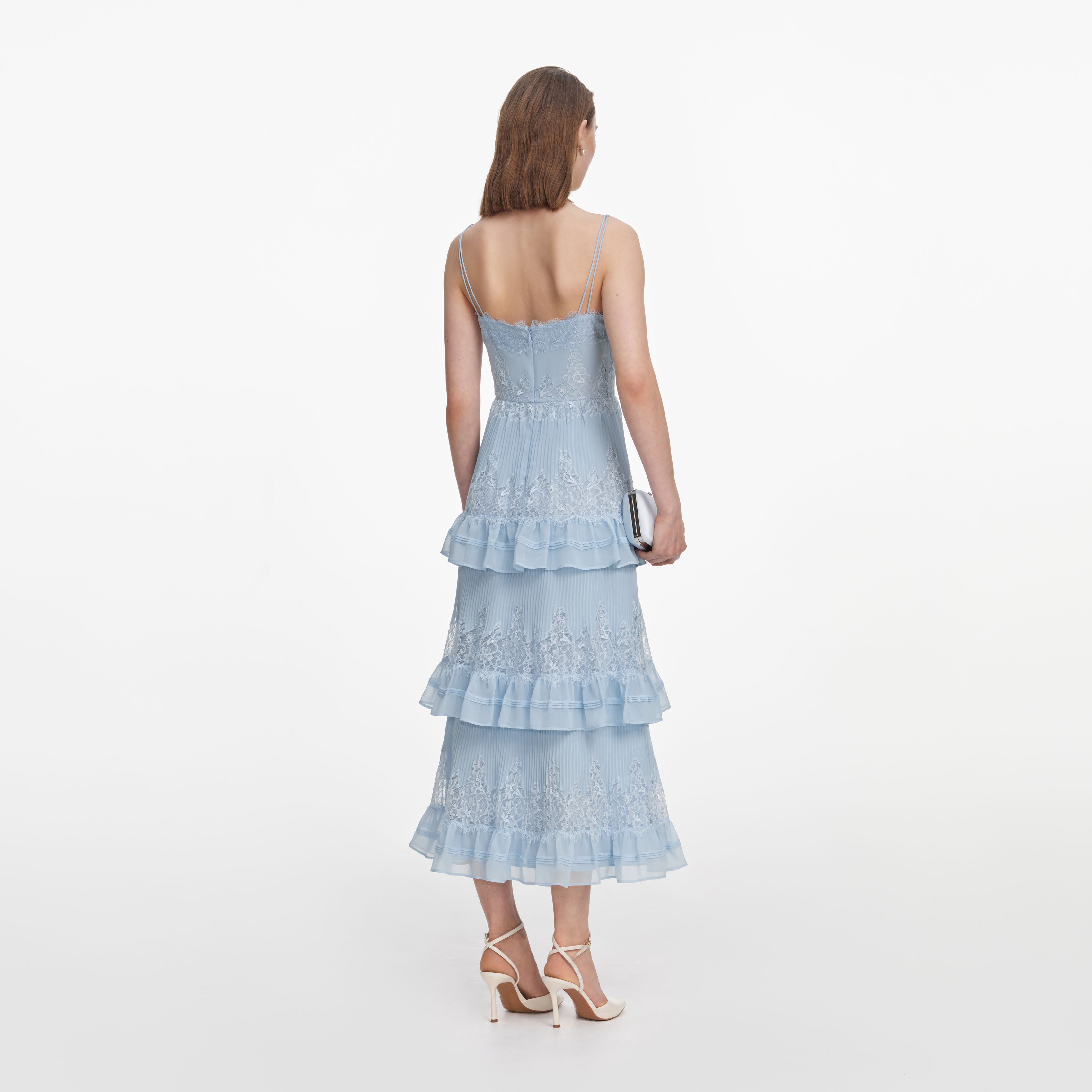 Self Portrait Chiffon Spitze Stufenkleid Midi blau UK 8