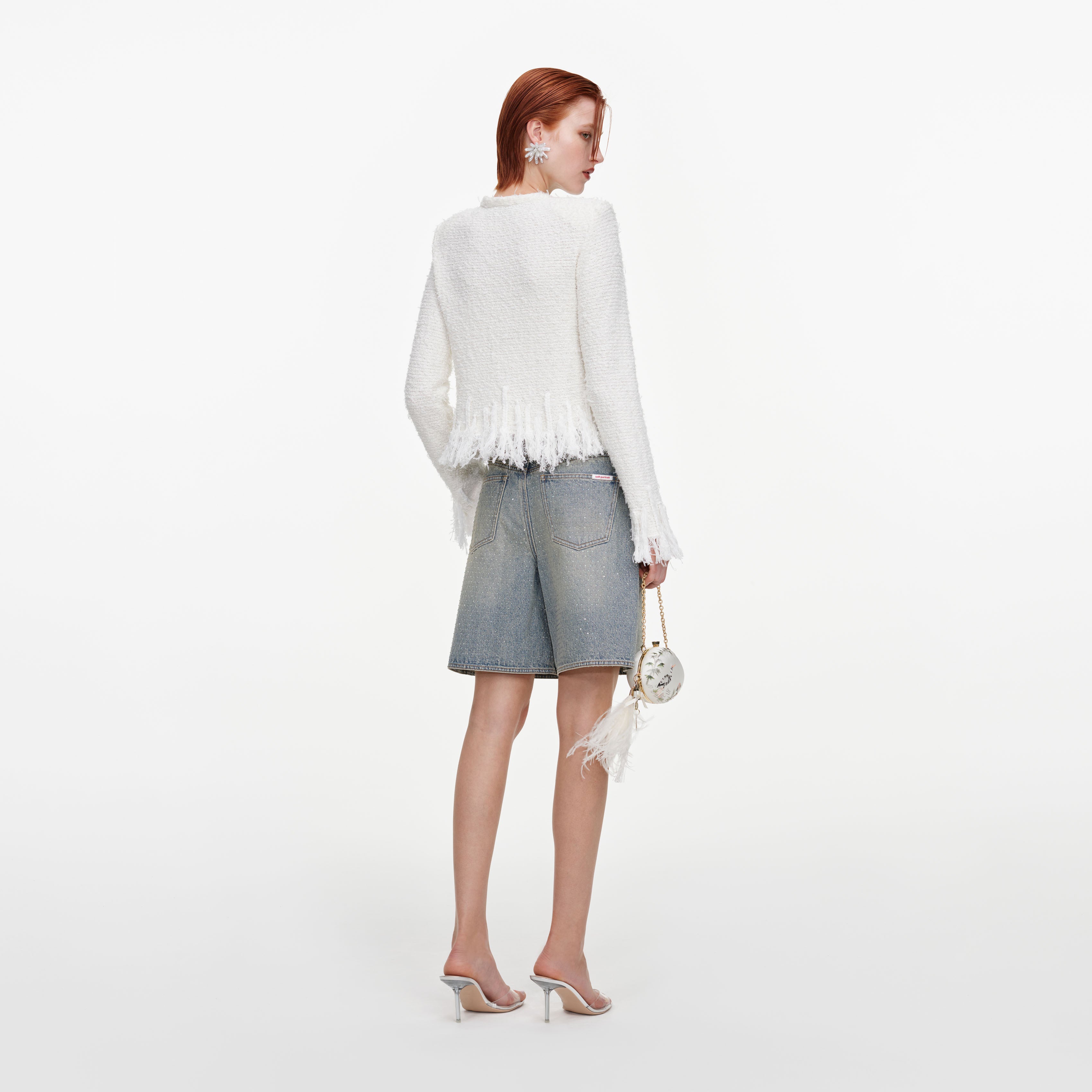 Self Portrait White Fringe Knit Cardigan Wei Boucle